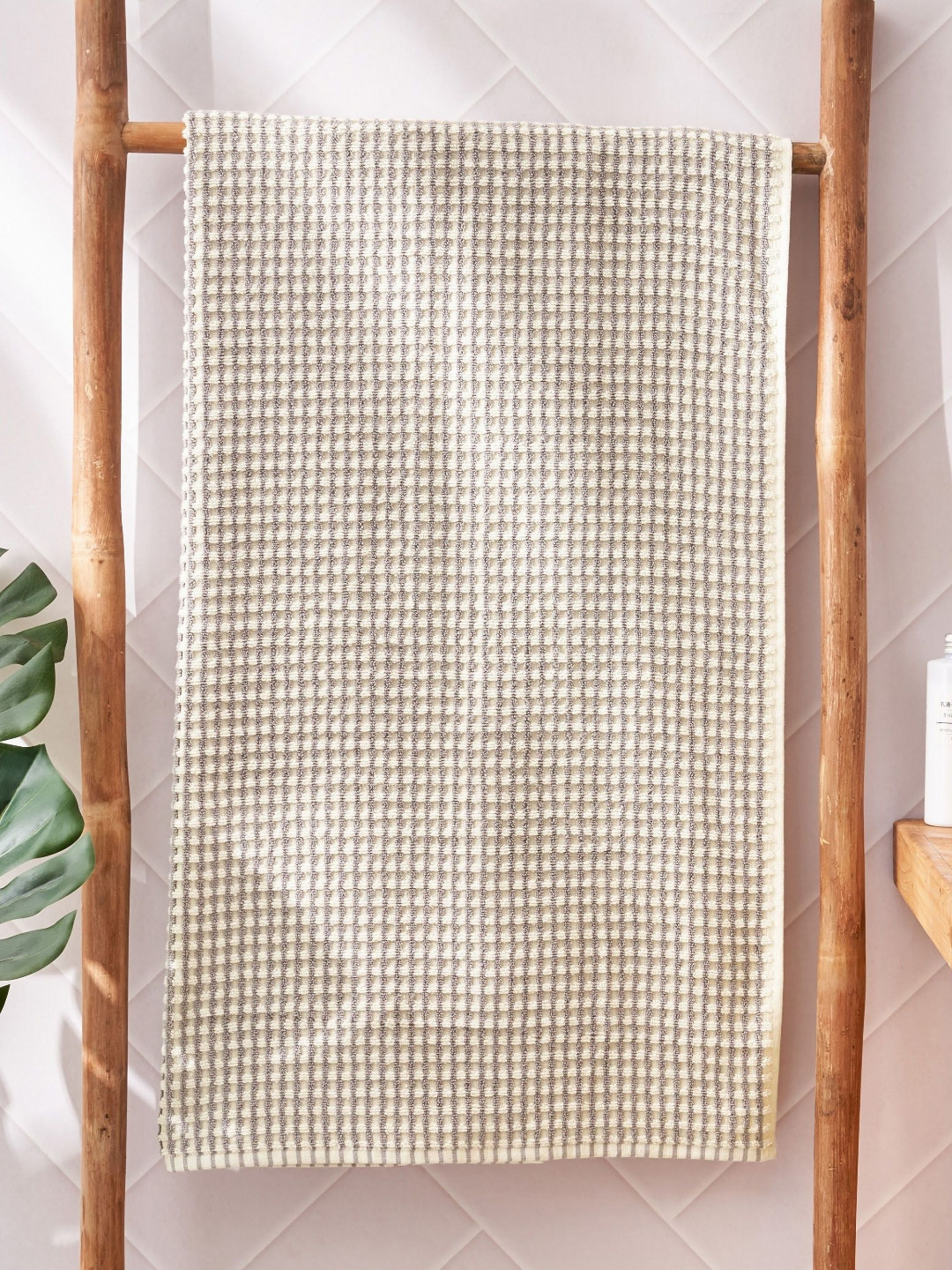 Home Centre Grey & Off White Striped Waffle Cotton 450 GSM Bath Towel