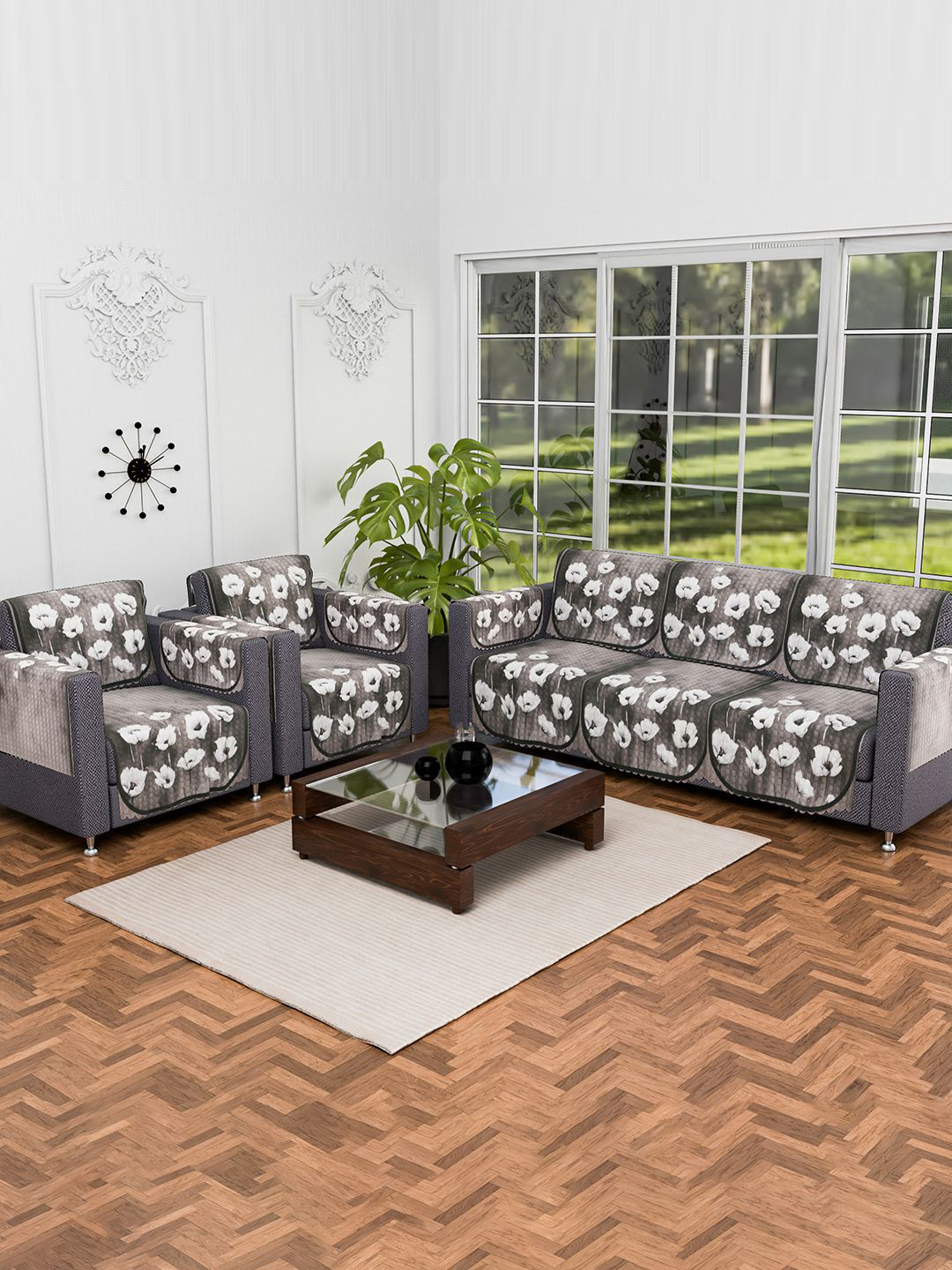 Kuber Industries Green Printed 16 Pieces Velvet 5-Seater Anti-Skid Sofa Cover With Arms