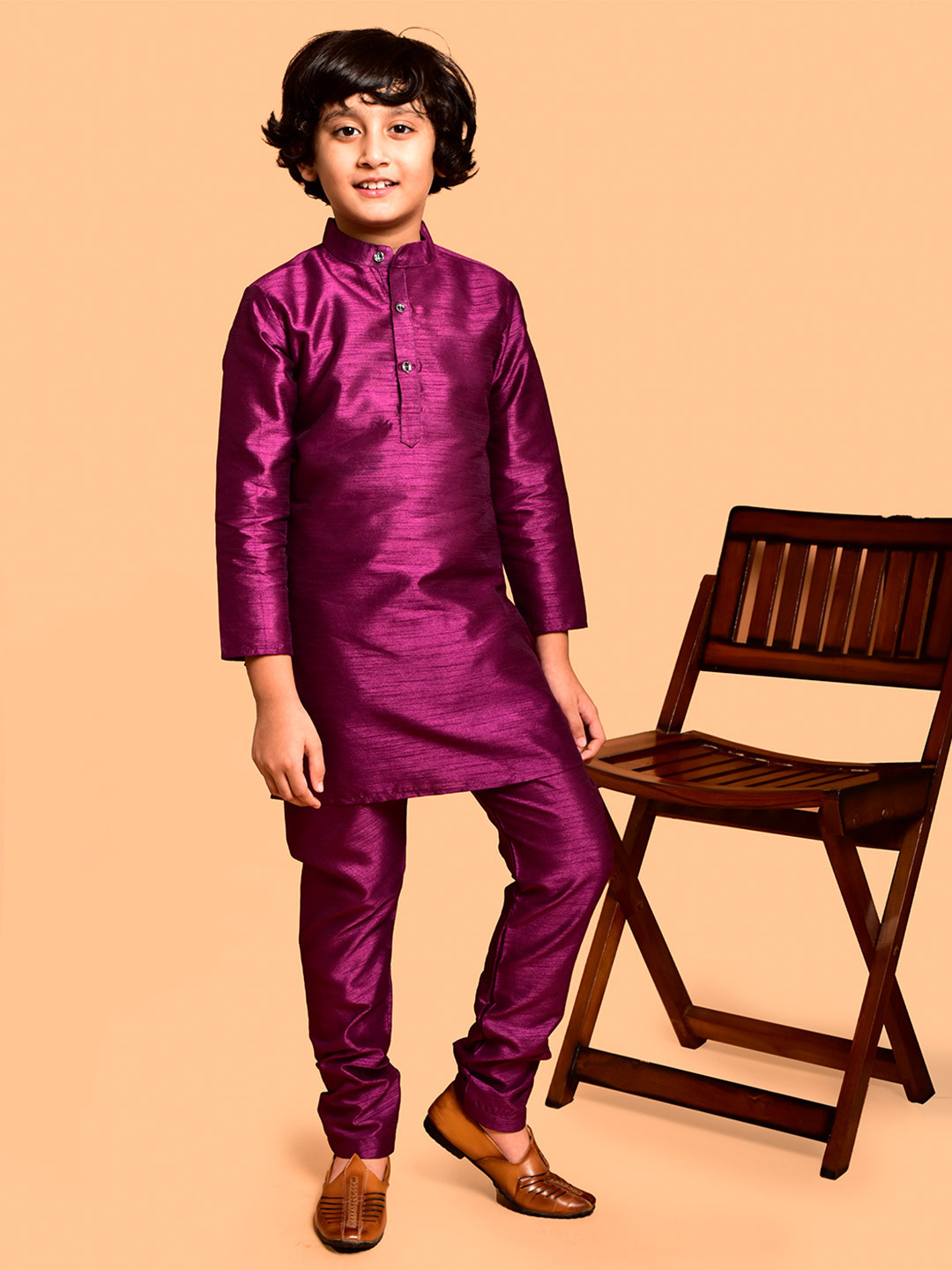 PRINTCULTR Boys Band Collar Neck Three-Quarter Sleeves Straight Kurta & Churidar