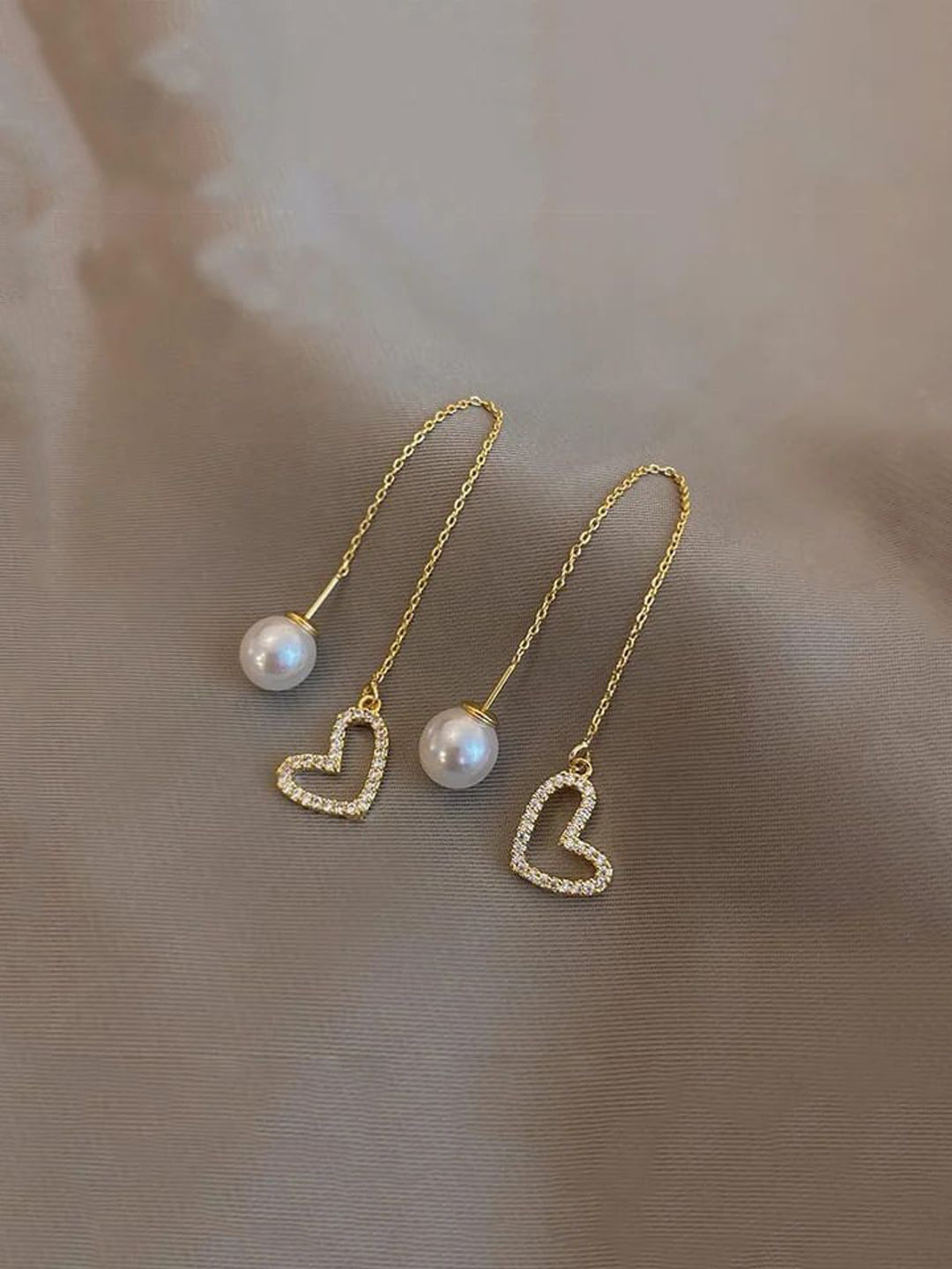 styledose Sterling Silver Stone Studded & Pearls Beaded Heart Shaped Drop Earrings