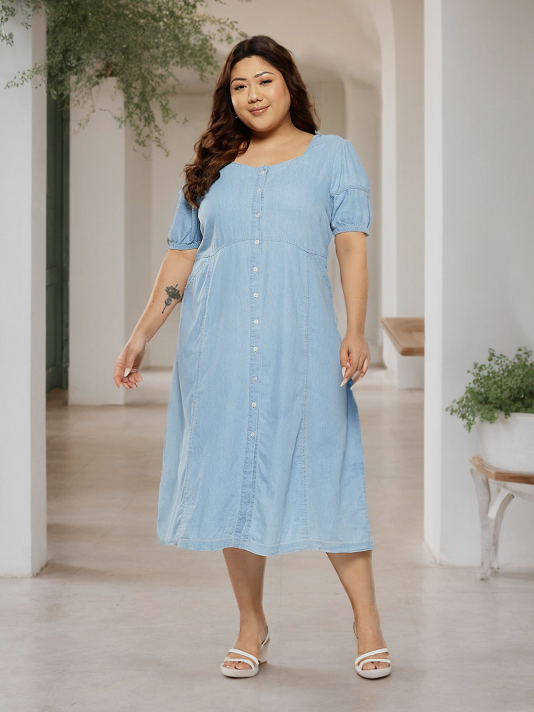 Sztori Plus Size Pure Cotton Chambray Shirt-style Dress