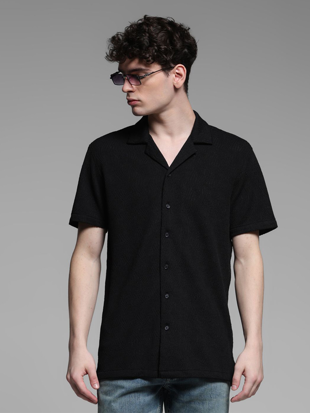 Jack & Jones Men Cuban Collar Textured Relaxed Fit Casual Shirt