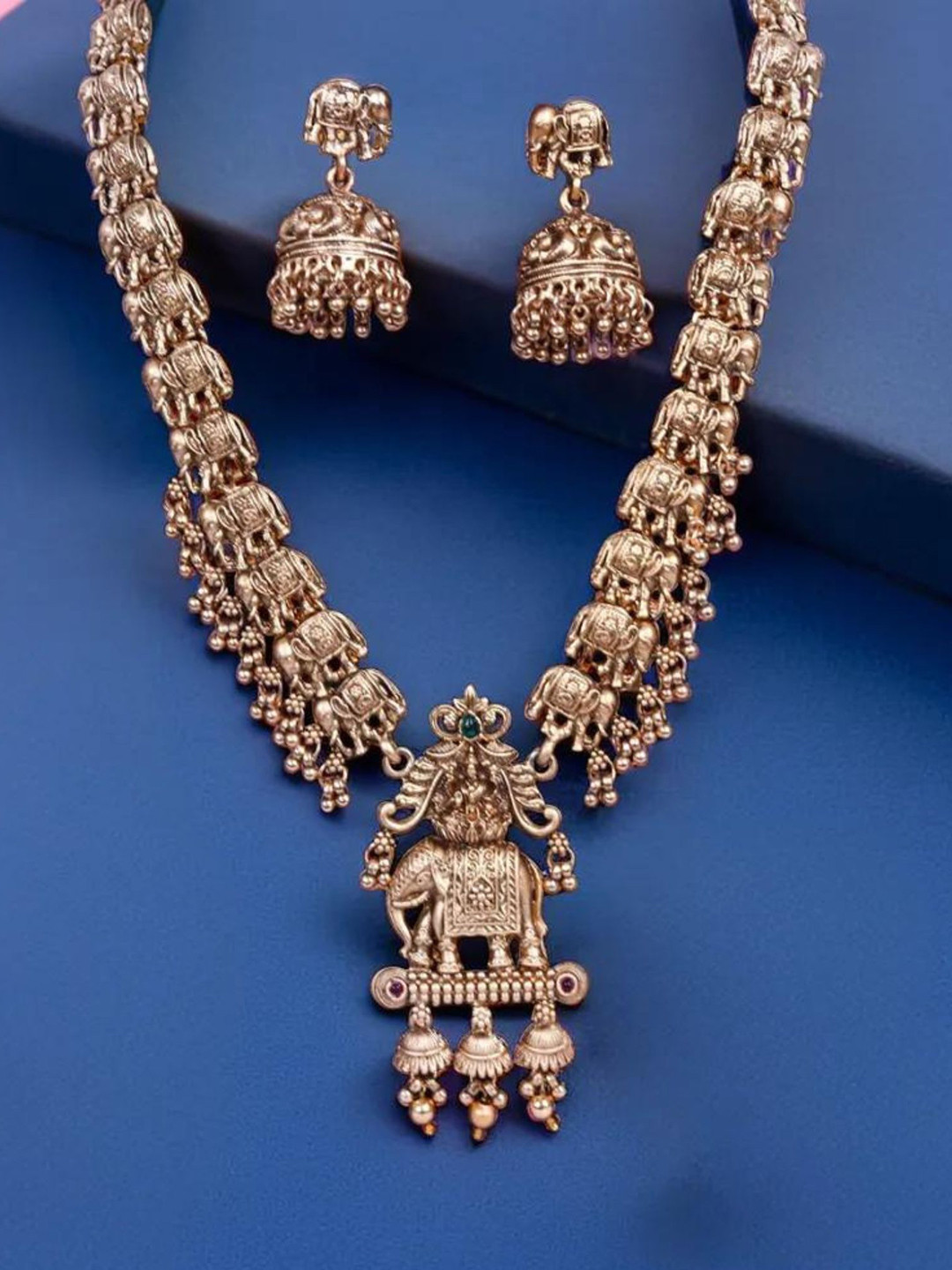 MANSIYAORANGE 24K Gold-Plated Temple Motif Long Chain Necklace Jewellery Set