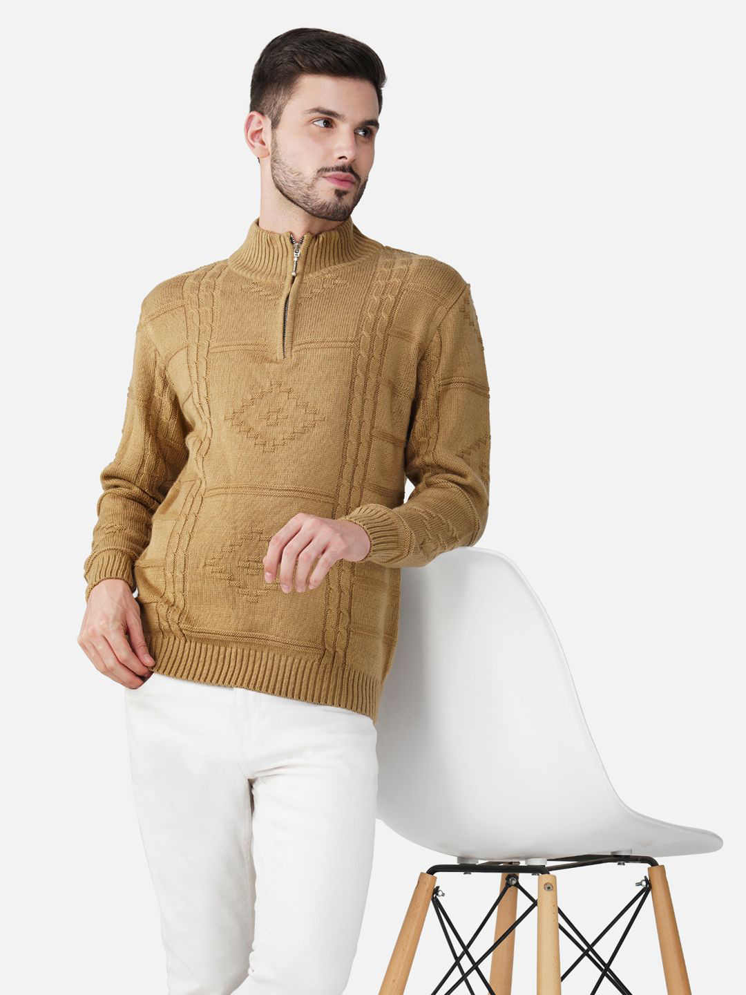 JoE Hazel Men Self Design Turtle Neck Cable Knit Pullover Sweaters