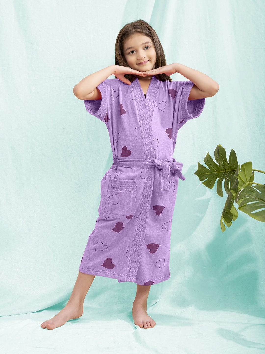 LacyLook Heart Lavender Conversational Cotton Drawstring Maxi Bath Robe-M