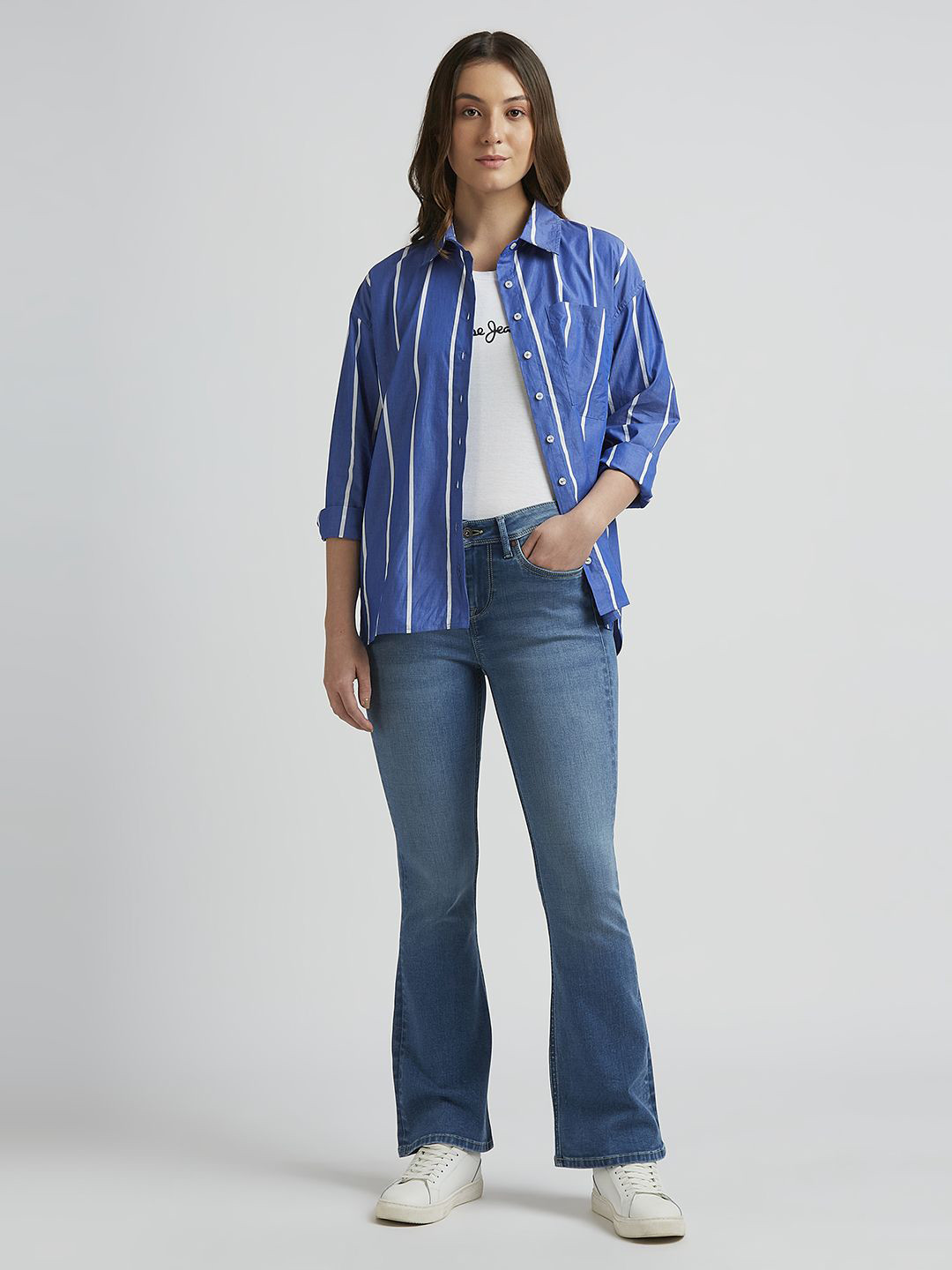 Pepe Jeans Women Spread Collar Vertical Striped Cotton Oversized Casual Shirt