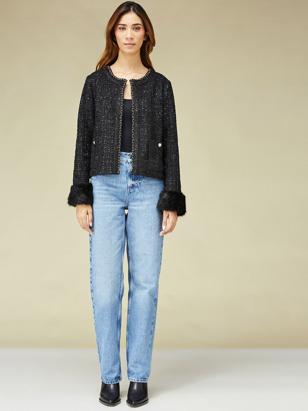 BETRUE Women Acrylic Tweed Open Front Jacket