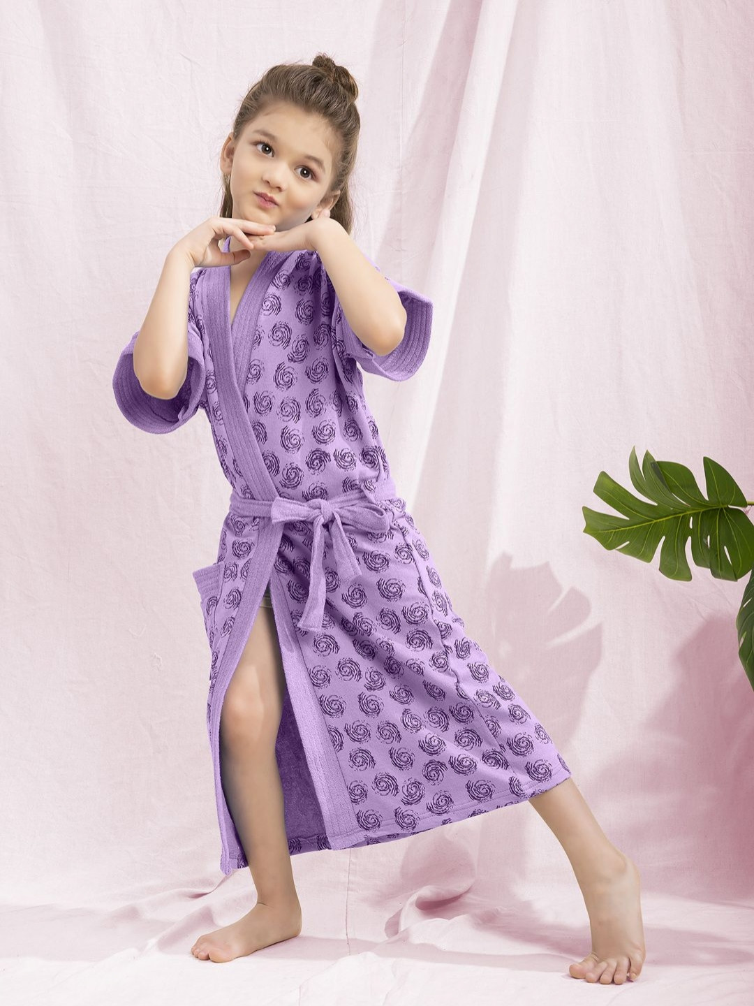 HotGown Lavender Conversational Cotton Drawstring Midi Bath Robe-M