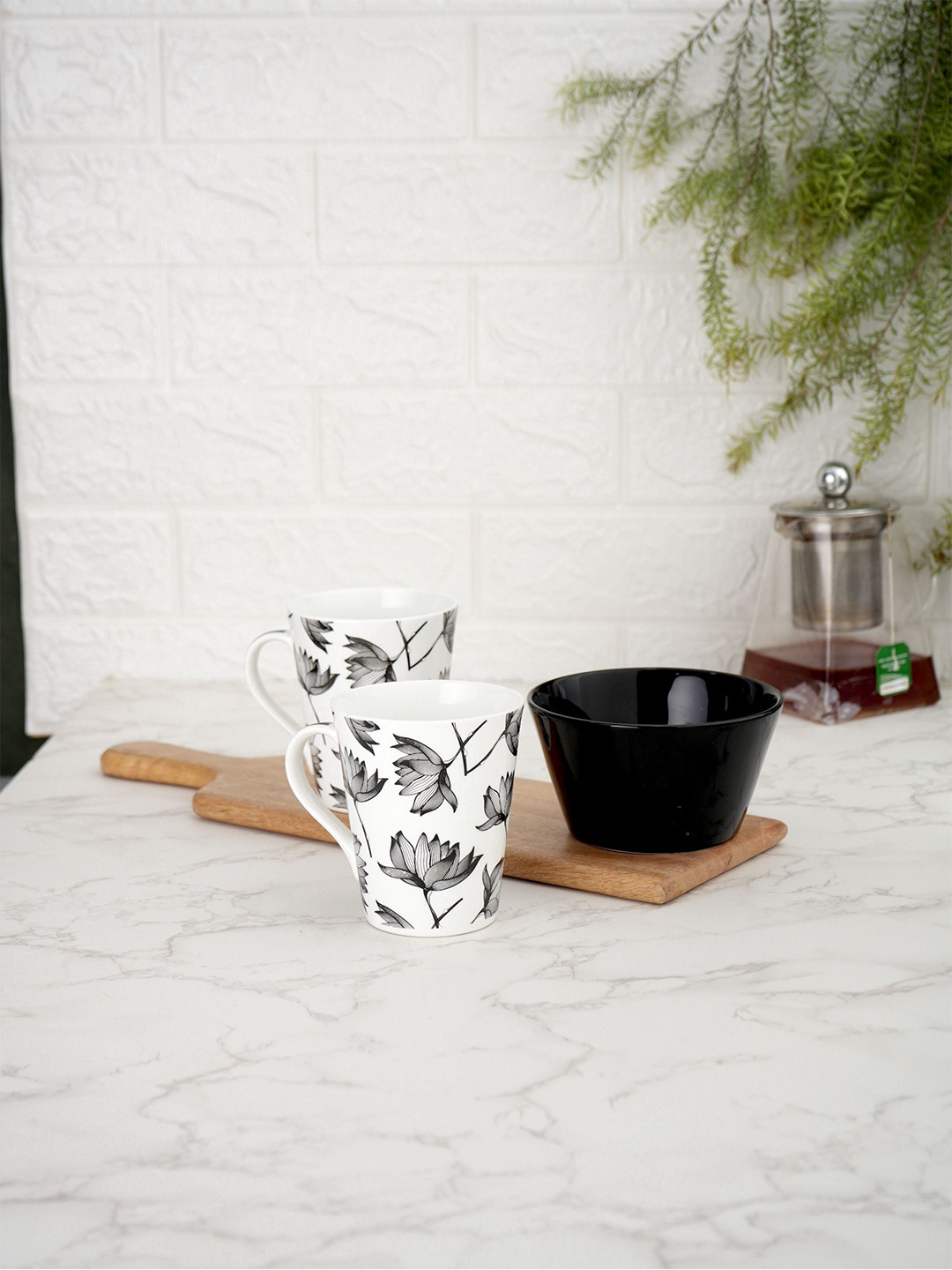 CLAY CRAFT  White & Black 3 Pieces Ceramic Monochrome Glossy Bowls & Mugs