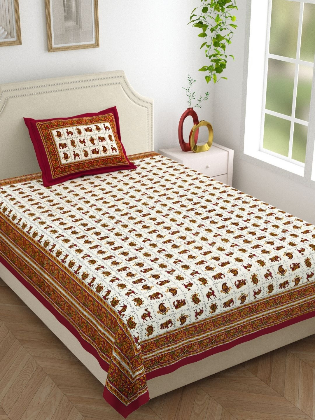 The Craft Monk Red Ethnic Motifs Pure Cotton 210 TC Single Fine Bedsheet with a Pillow Cover-90 x 60 inches
