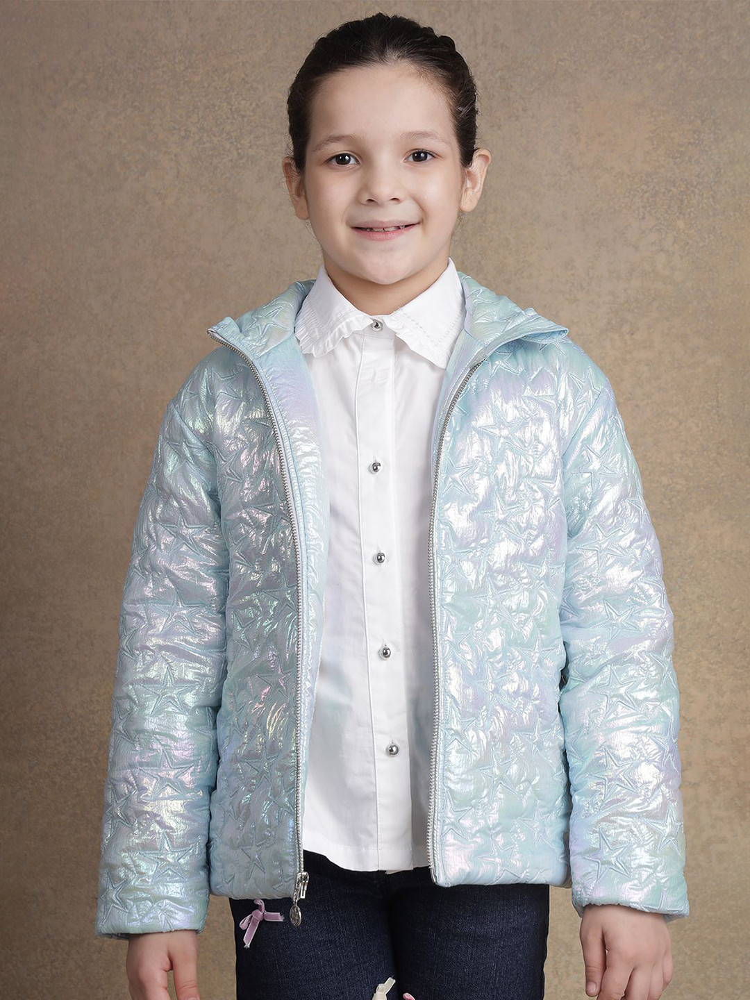 One Friday Girls Embroidery Pink Mock Collar Self Design Casual Padded Jacket