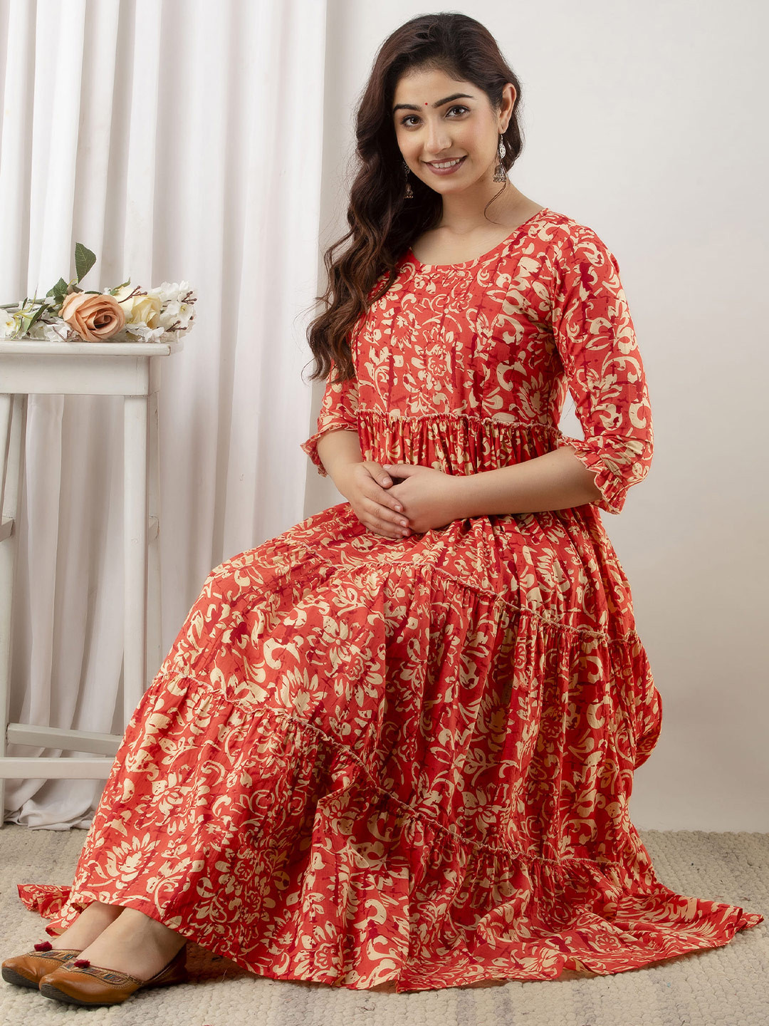 VARICOS Women Floral Printed Tiered Maternity Cotton A-Line Dress