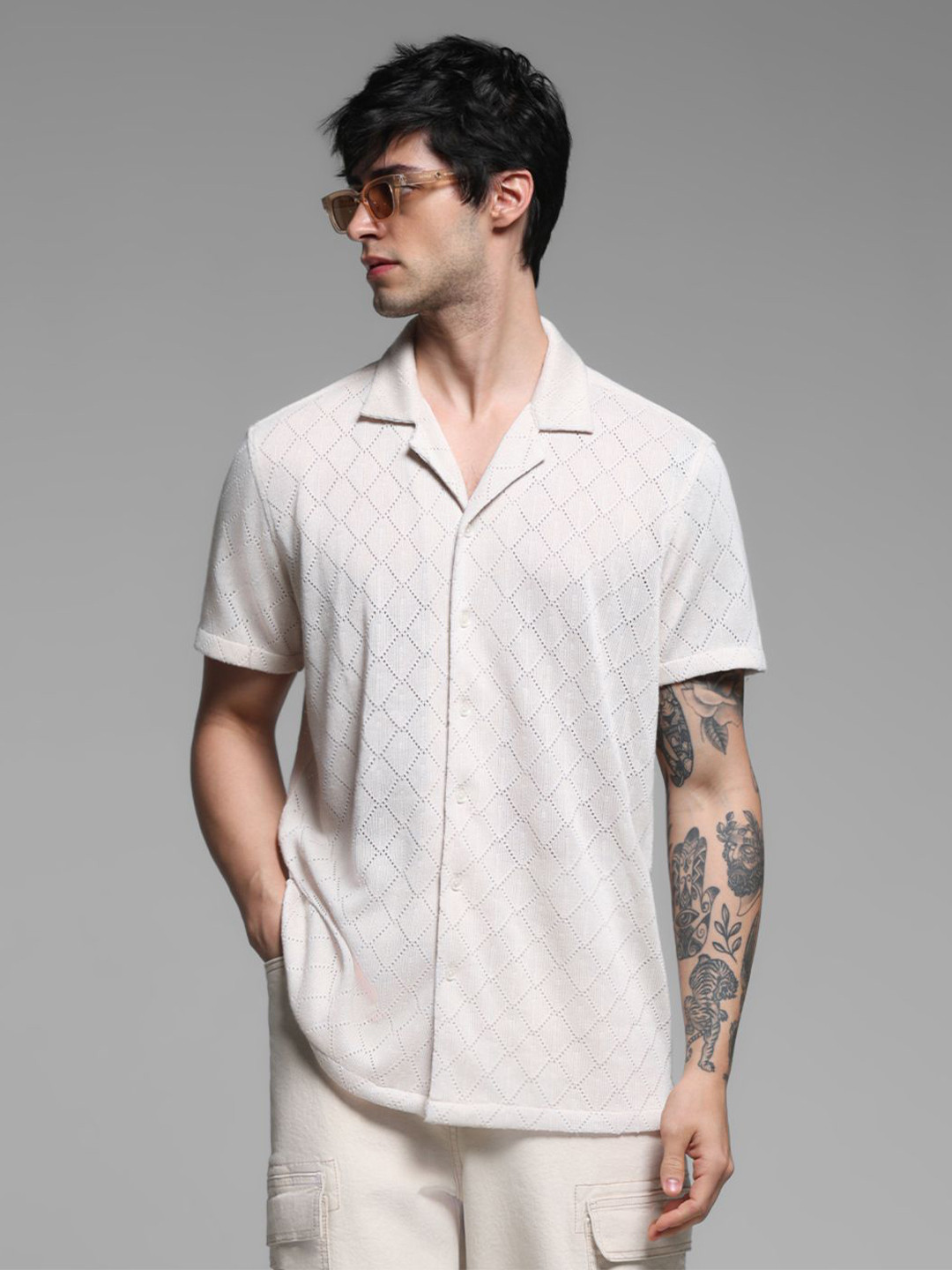 Jack & Jones Men Cuban Collar Textured Relaxed Fit Casual Shirt