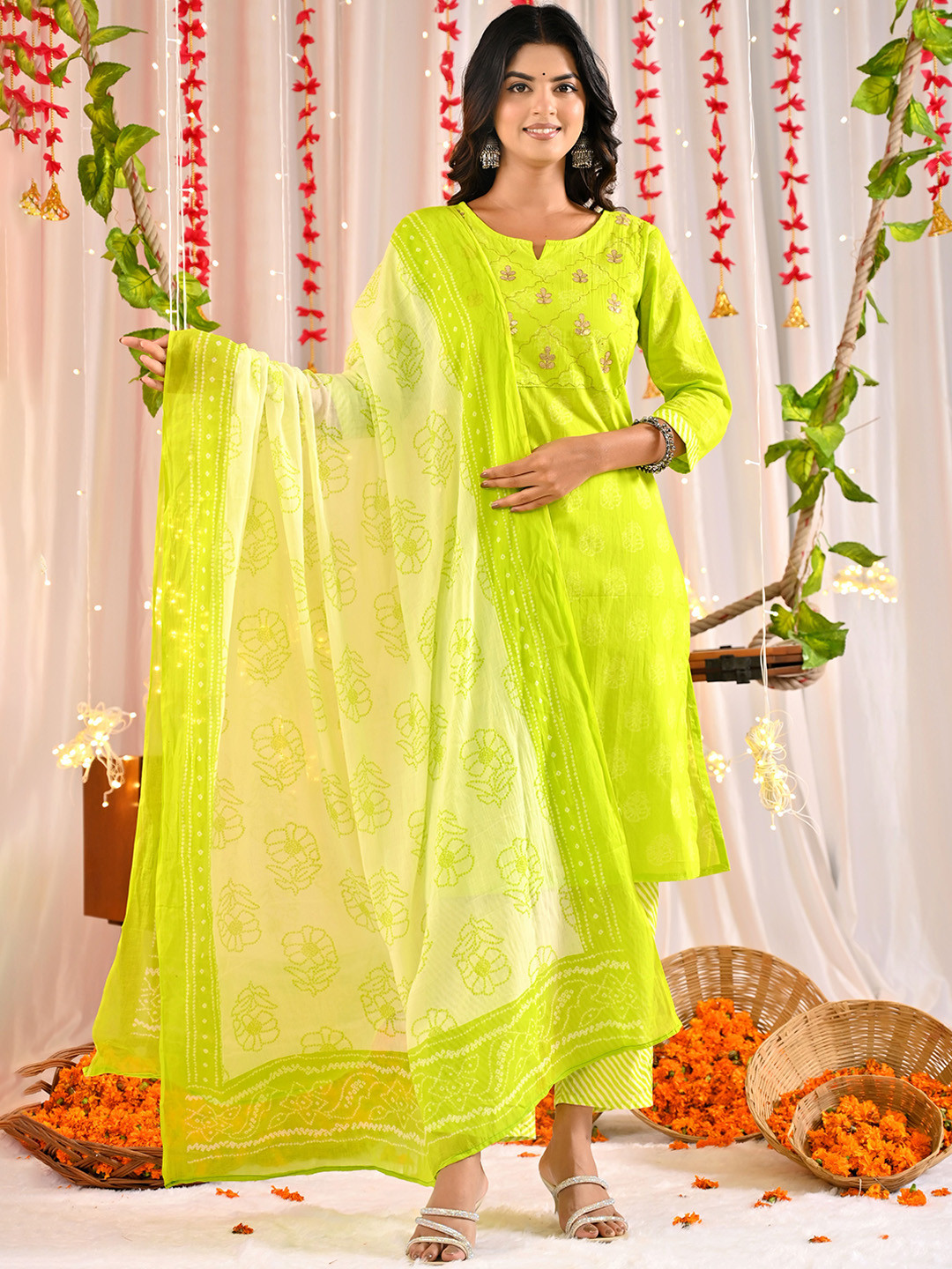 Moktika Bandhani Printed Gotta Patti Straight Kurta With Trouser & Dupatta