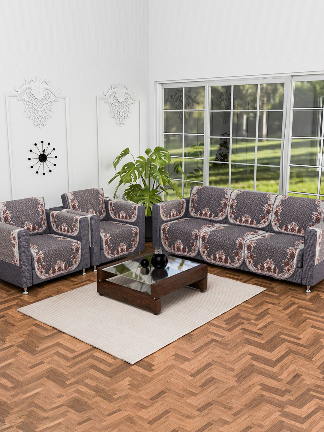 Kuber Industries Olive Green & Brown 16 Pieces Printed 5-Seater Sofa Cover With Arms