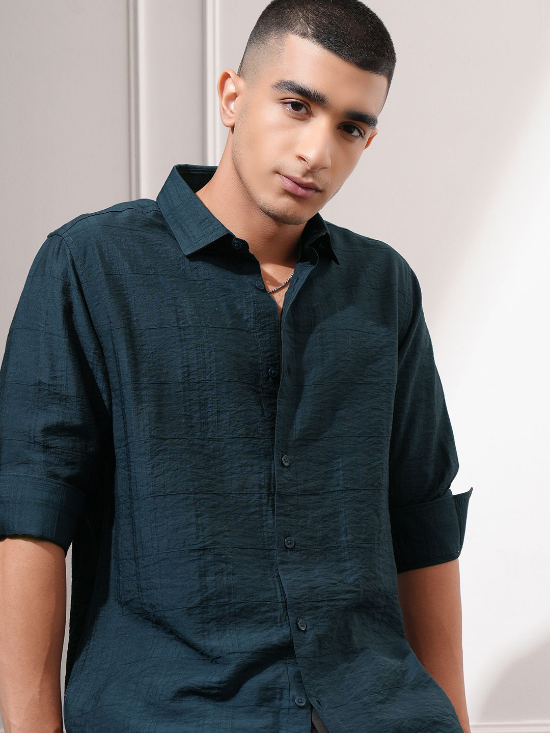 Highlander Men Turquoise Dobby Textured Solid Day Occasion Slim Fit Shirt