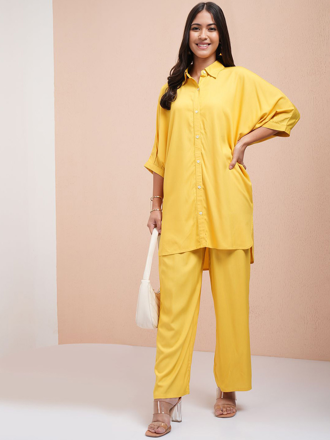 Vishudh Yellow Shirt Collar Three-Quarter Sleeves Kimono Style Tunic With Trouser