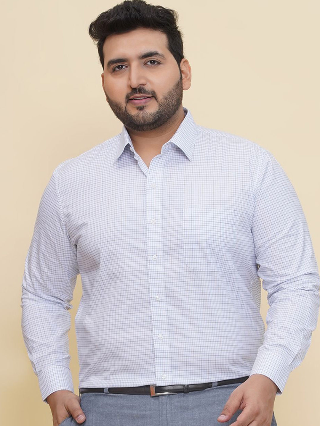 John Pride Plus Size Men Regular Fit Cotton Gingham Checks White Formal Shirt