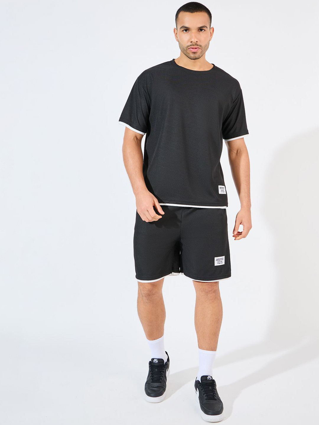 Styli Waffle Round Neck Self Design T-Shirt With Shorts Co-Ords