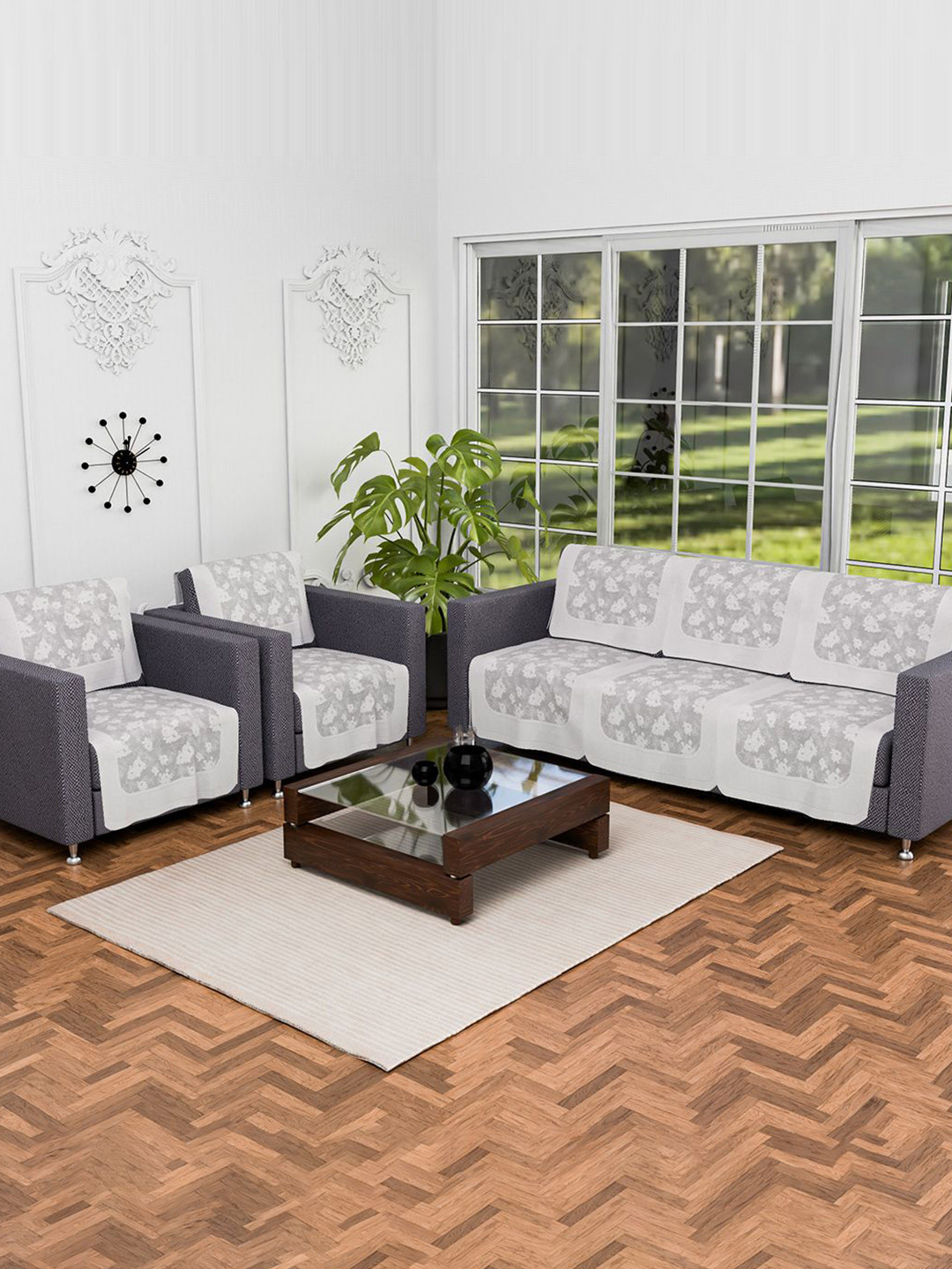 Kuber Industries Cream Coloured 10 Pcs Printed Cotton 5-Seater Anti-Skid Sofa Covers & Arm