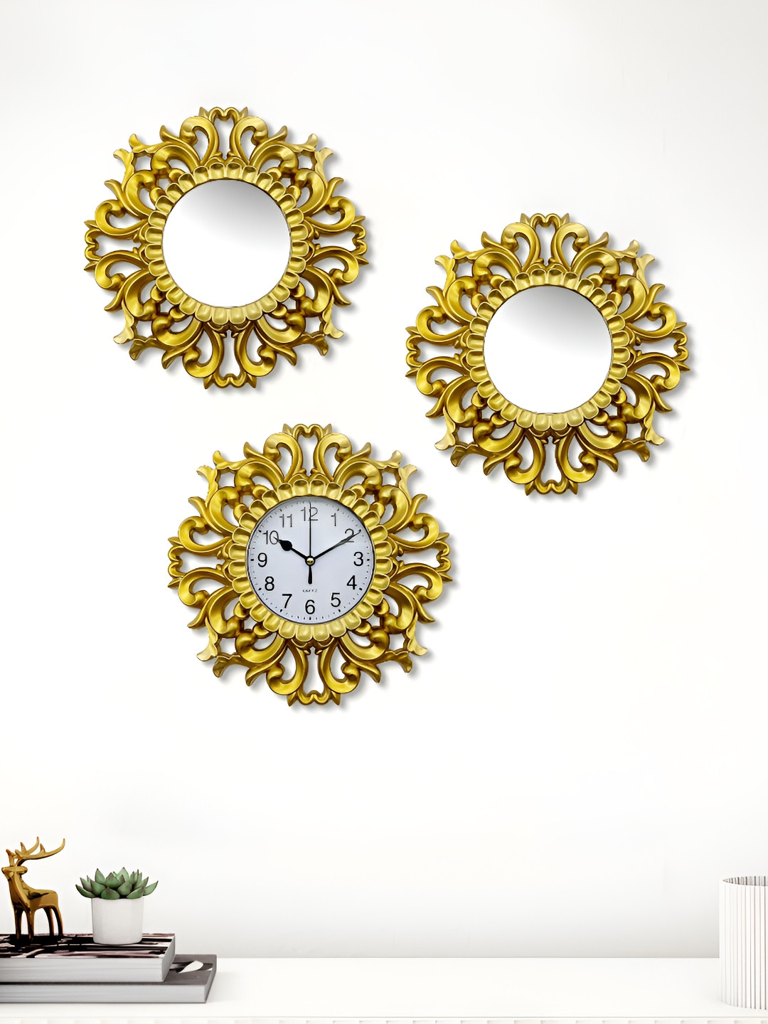 Home Centre Corsica Corvus Gold Toned & White 3 Pieces Textured Round Wall Clock & Mirrors