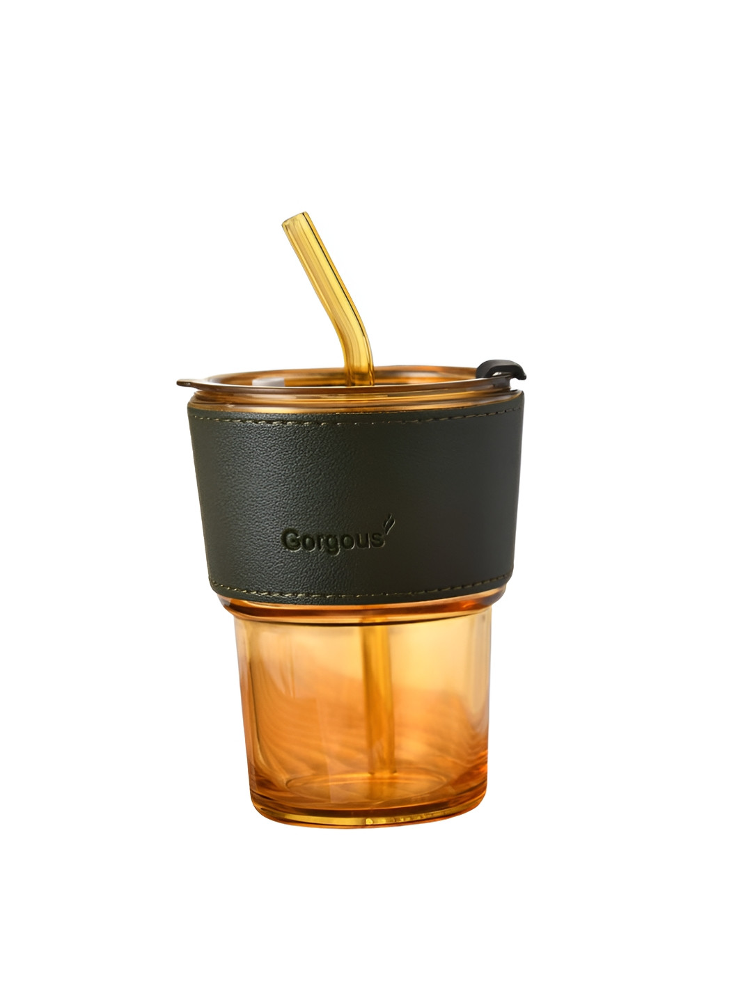 WELOUR Brown Glass Microwave Safe Cup with Lid and Straw-450ml