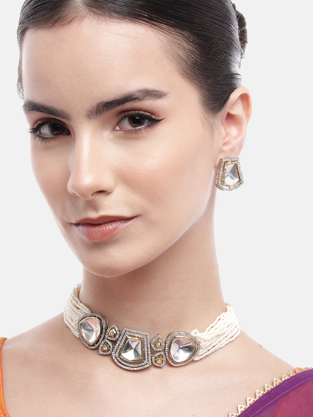 Anouk White Layered AD Stone Chokar Necklace Set