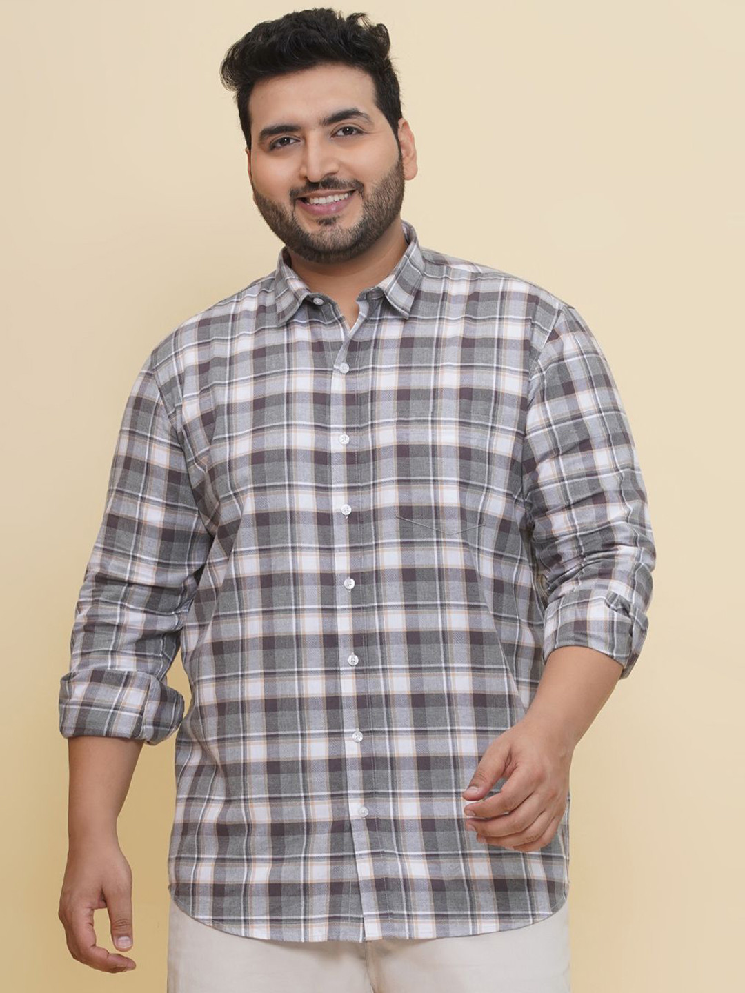 John Pride Men Spread Collar Windowpane Checked Cotton Casual Shirt