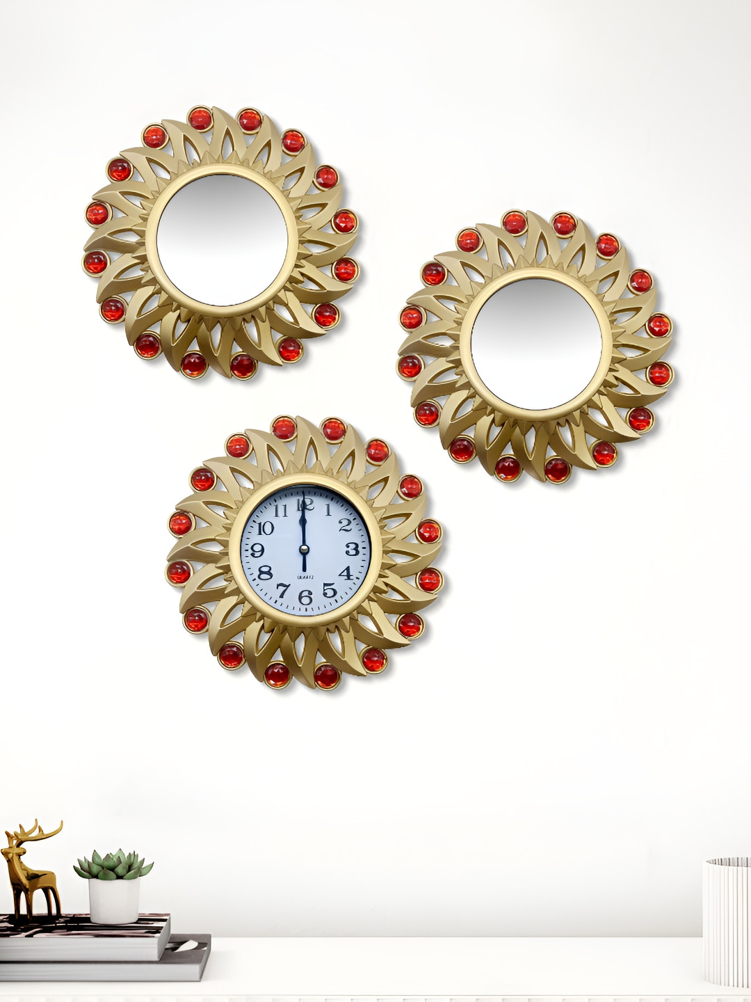 Home Centre Decorative Sun Clock and Mirror Set Corsica Corvus Metal Large Display Battery Analogue Mirrors Wall Clock