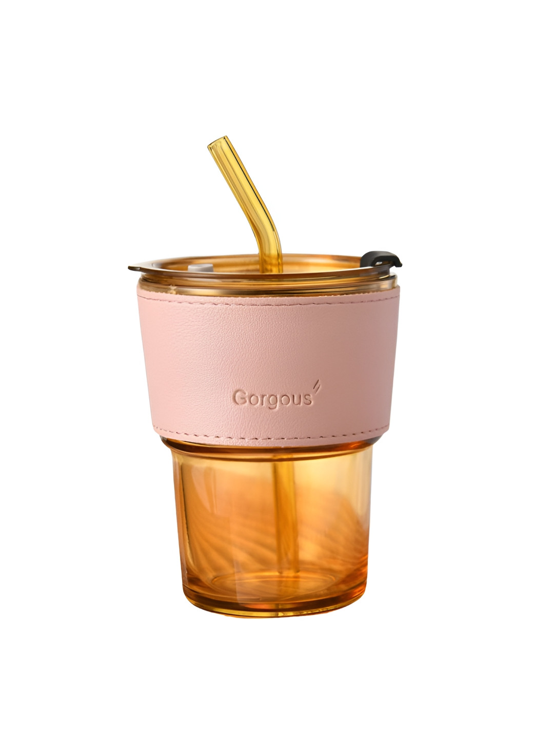 WELOUR Brown Glass Microwave Safe Cup with Lid and Straw-450ml