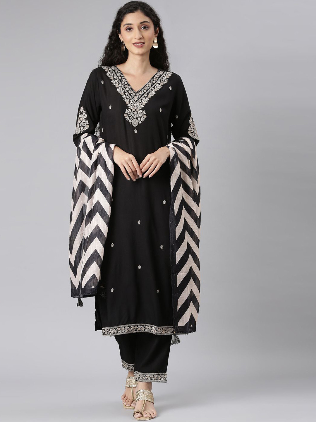 Neerus Floral Embroidered Aari Work V-Neck Straight Kurta With Trousers & Dupatta