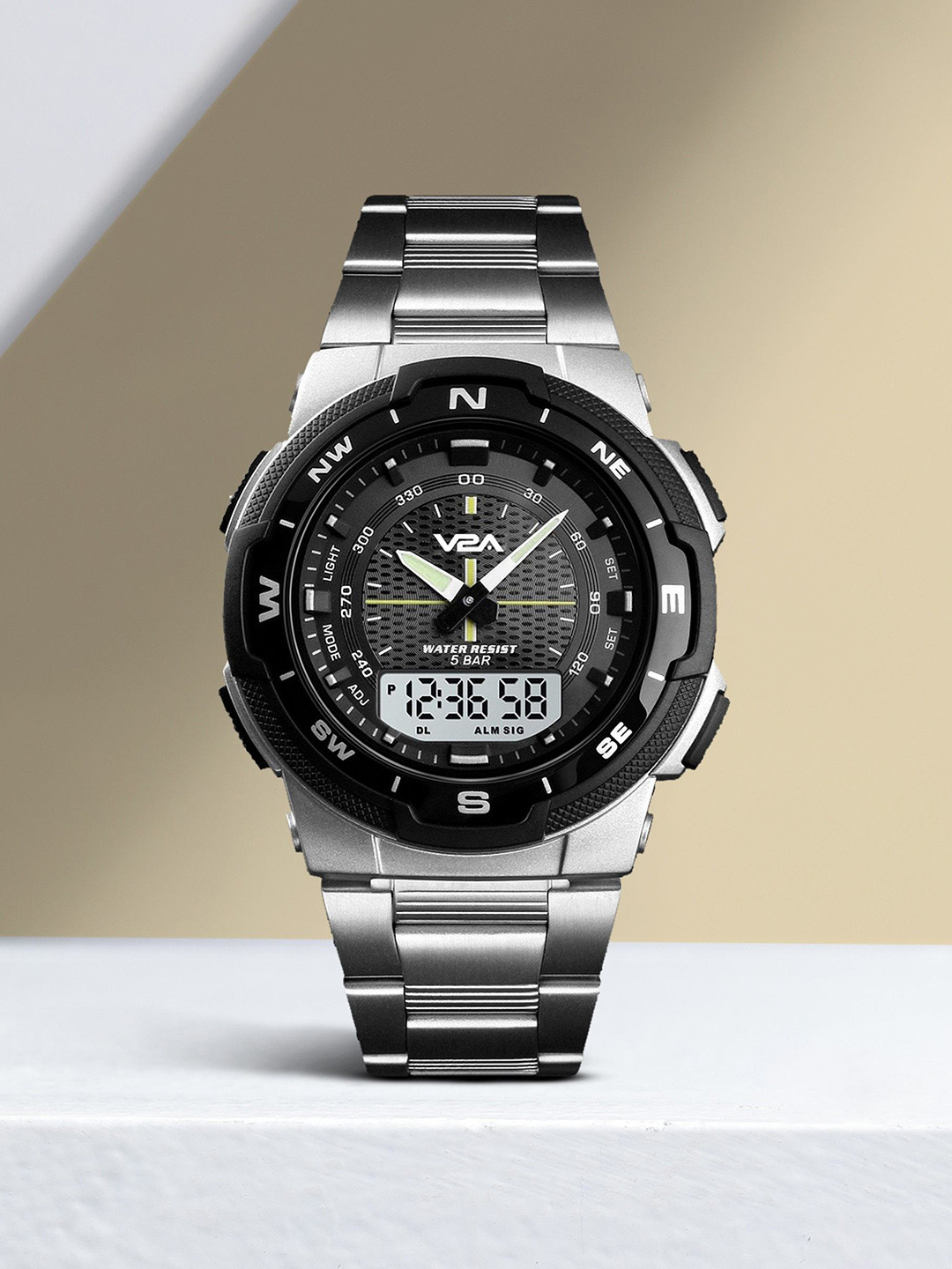 V2A Men Dial & Stainless Steel Straps Analogue and Digital Watch SK-1370-Silver
