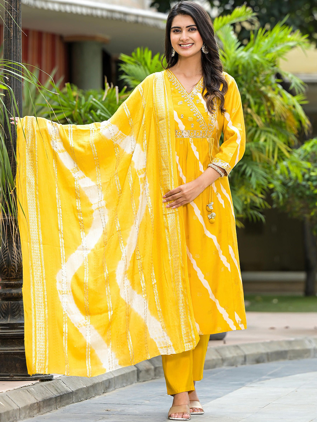 Juniper Yellow and white Leheriya Printed Thread Work Kurta with Trouser & Dupatta