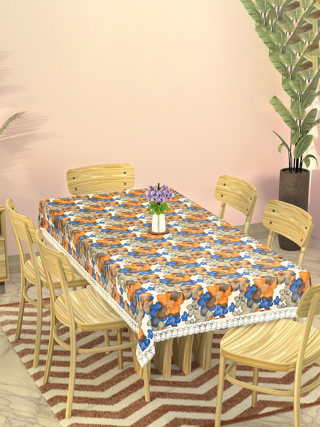 Kuber Industries White & Blue Floral Waterproof Dining Table Cloth 6 Seater