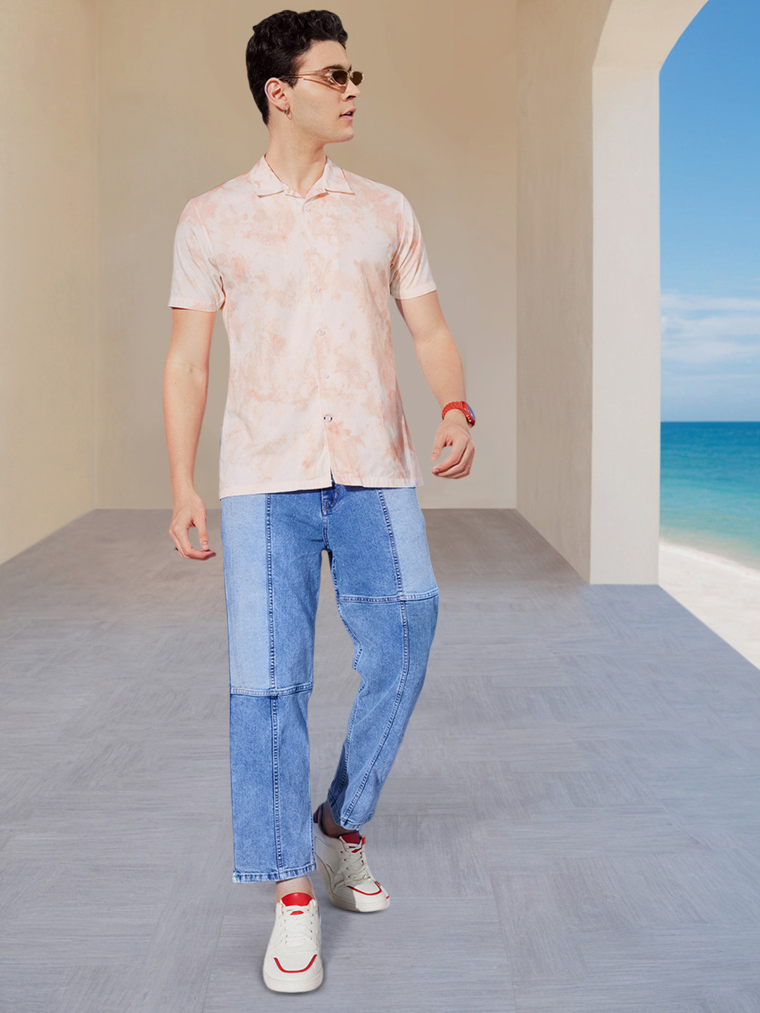 Mast & Harbour Faded Peach Pure Cotton Tie & Dye Vacay Tied Up Bucolic Effects Shirt