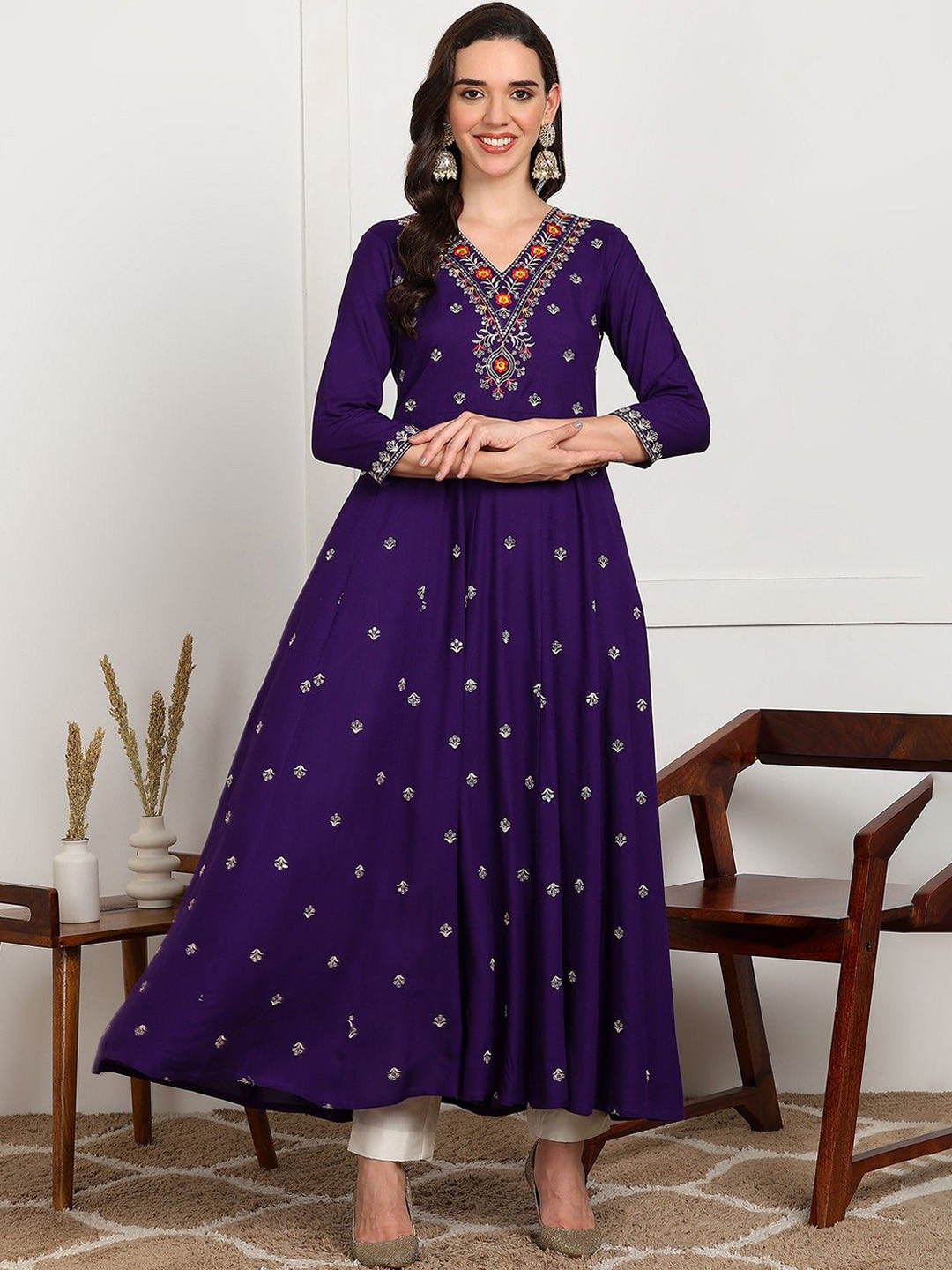 PURVIJA KURTIES Floral Embroidered A-Line Kurta