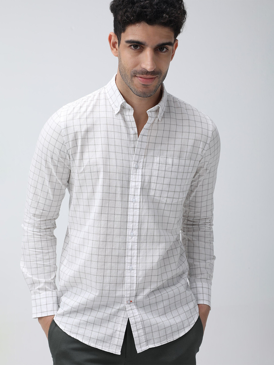 BARE BROWN Men Button-Down Collar Grid Tattersall Checked Cotton Casual Shirt