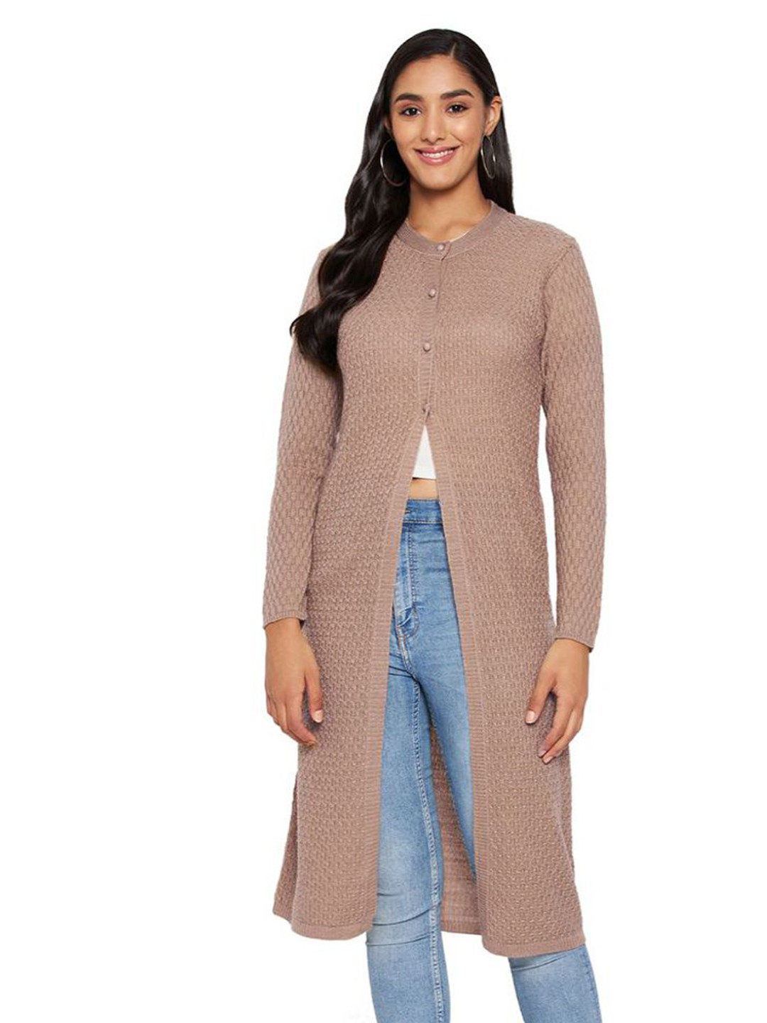 CLAPTON Self Design Round Neck Woollen Longline Cardigan