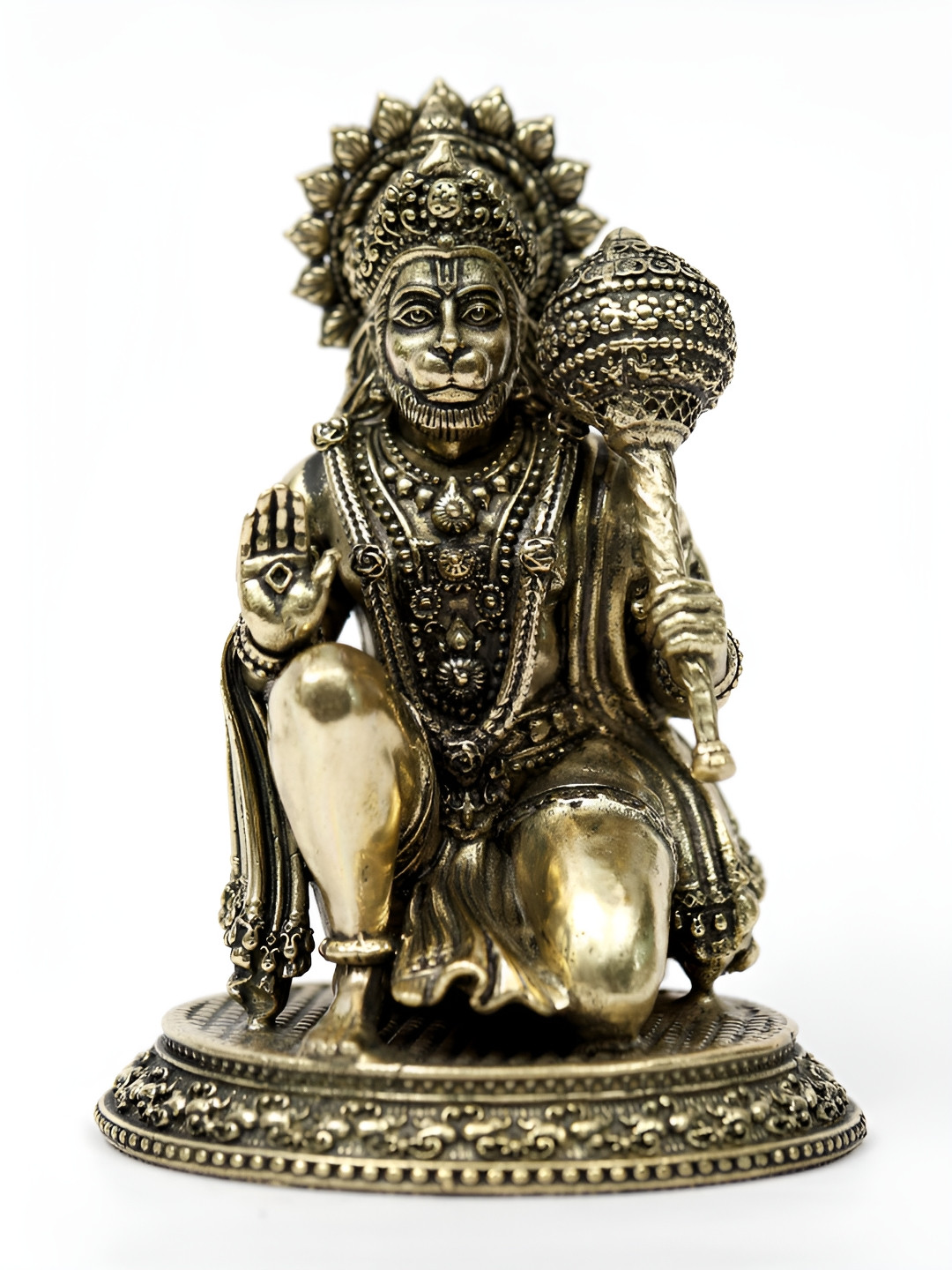 Exotic India Sitting Lord Hanuman in Blessing Gesture Gold Brass Metallic Prayer Room Tiny Showpiece - 3 Inches