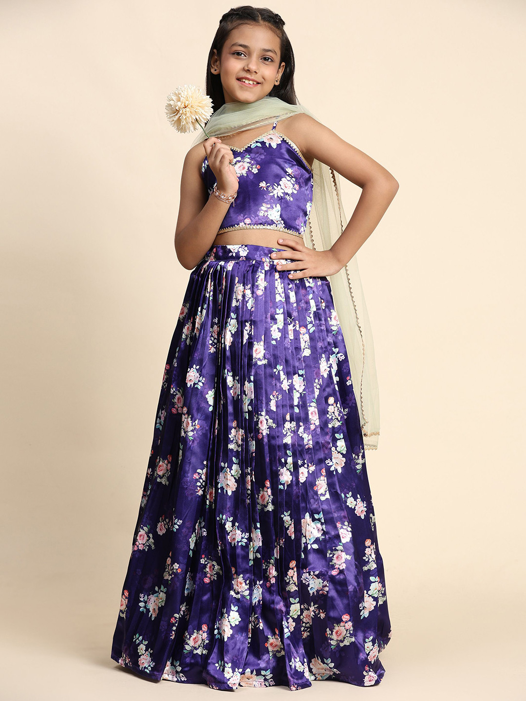 LOOKS AND LIKES Girls Printed Satin Net Ready to Wear Lehenga & Blouse With Dupatta