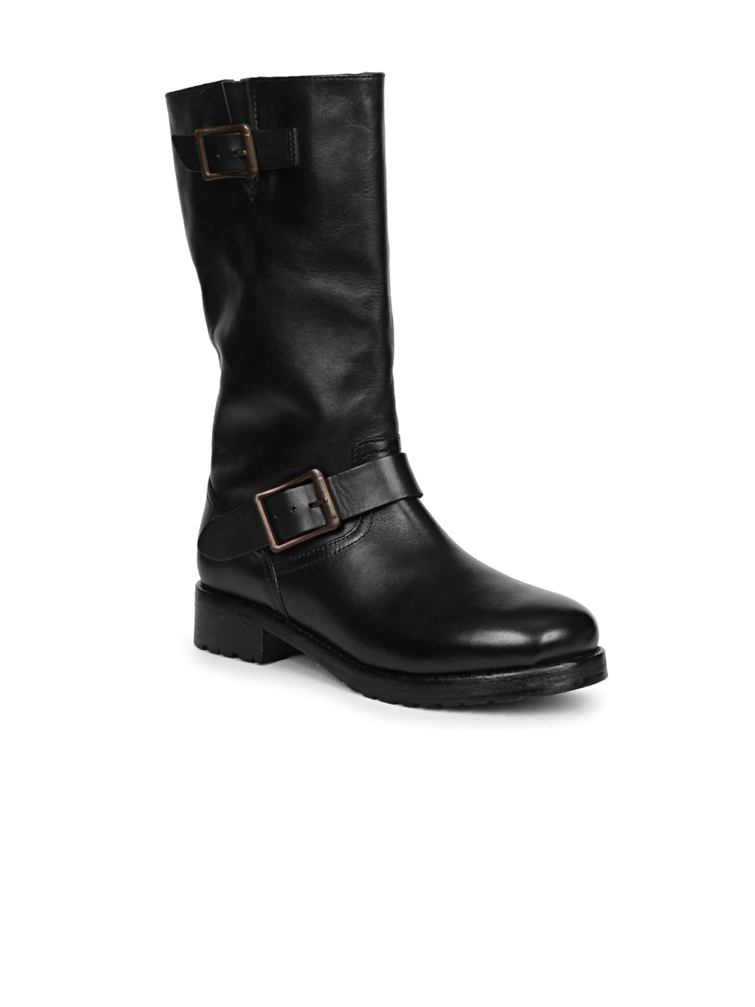 Saint G Womens Buckle Decor Black Leather Calf Length Boots