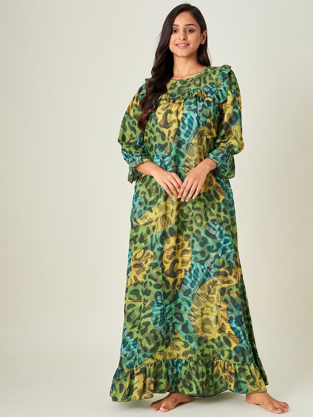 The Kaftan Company Women Green Printed Round Necck Maxi Nightdress