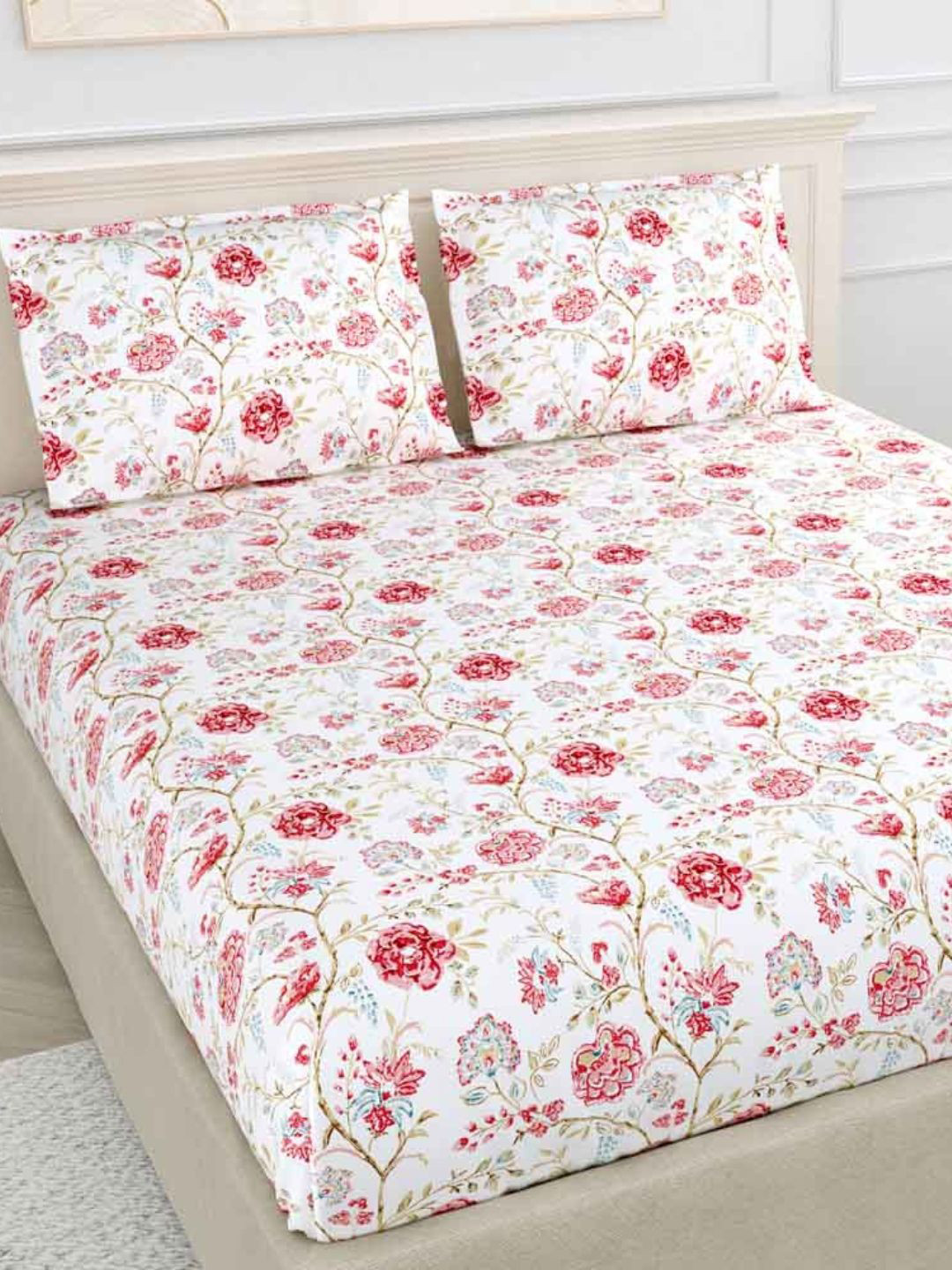 haus & kinder Pink & White Floral 186 TC Pure Cotton King Bedsheet 1.99m x 1.83m