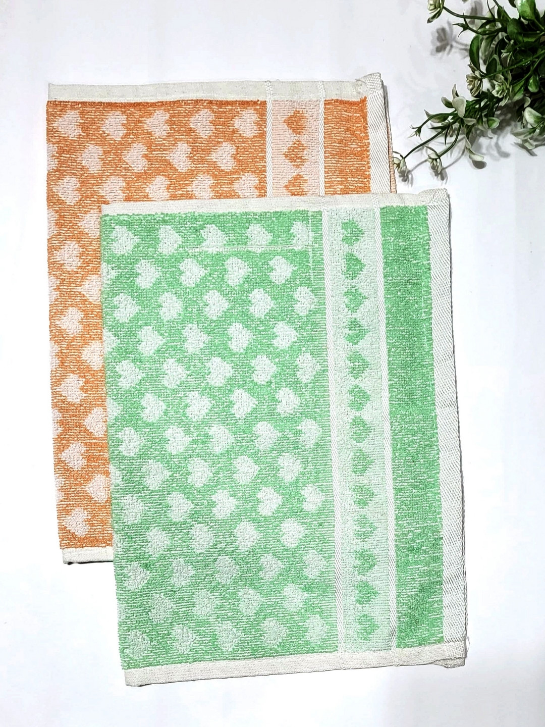 ANA Orange-Coloured & Green 2 Pieces Printed Pure Cotton Hand Towels