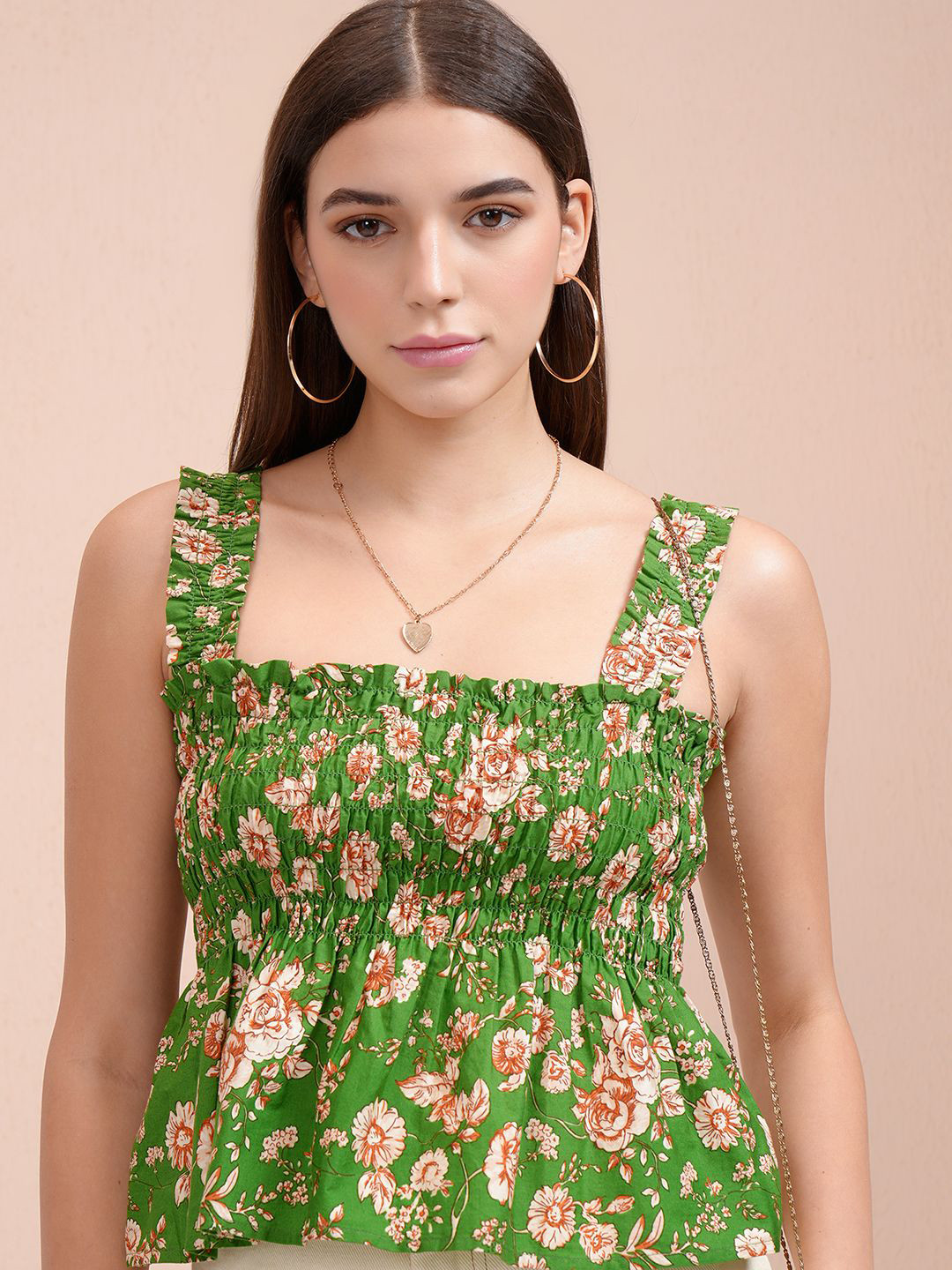 Tokyo Talkies Floral Printed Smocked Cotton Casual Peplum Top