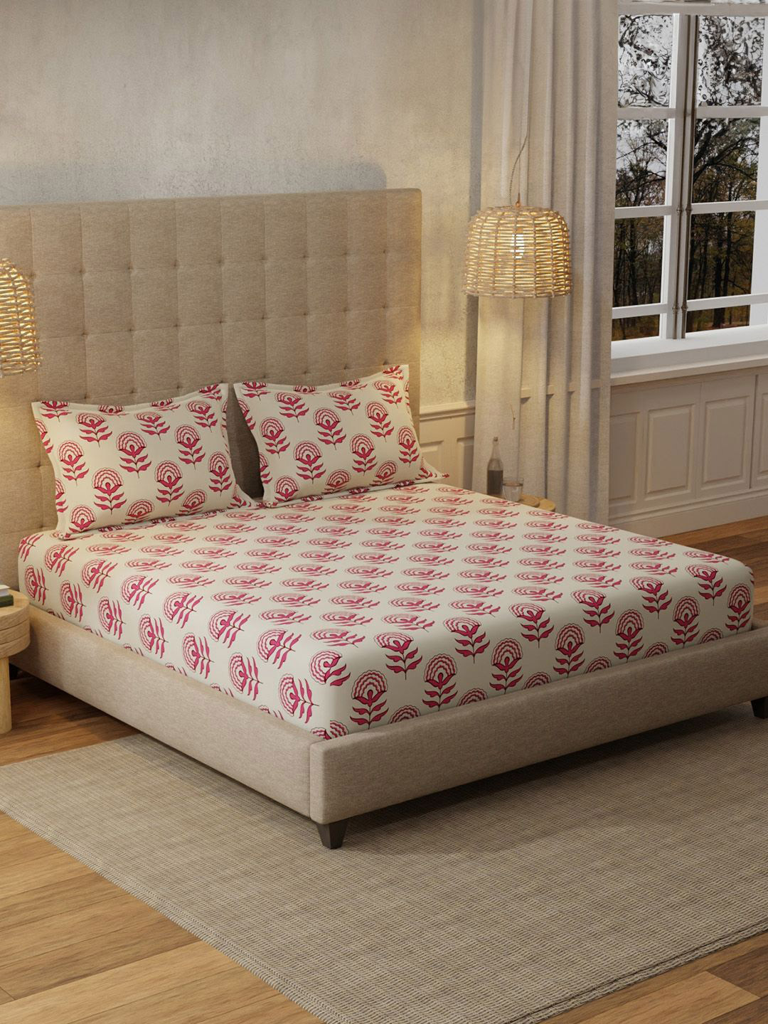 URBAN SPACE Florabell Red Floral Cotton 200 TC Queen Fine Bedsheet with 2 Pillow Covers-88 x 100 inches