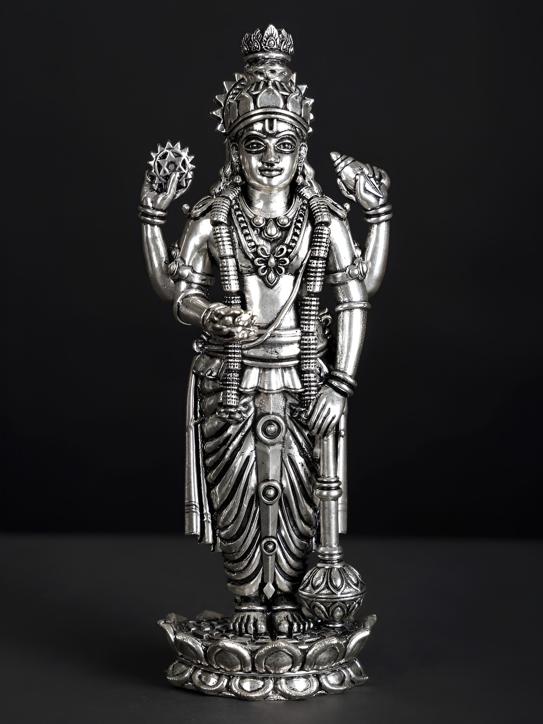 Exotic India Superfine Lord Vishnu Idol Standing on Lotus Silver Plated Brass Statue