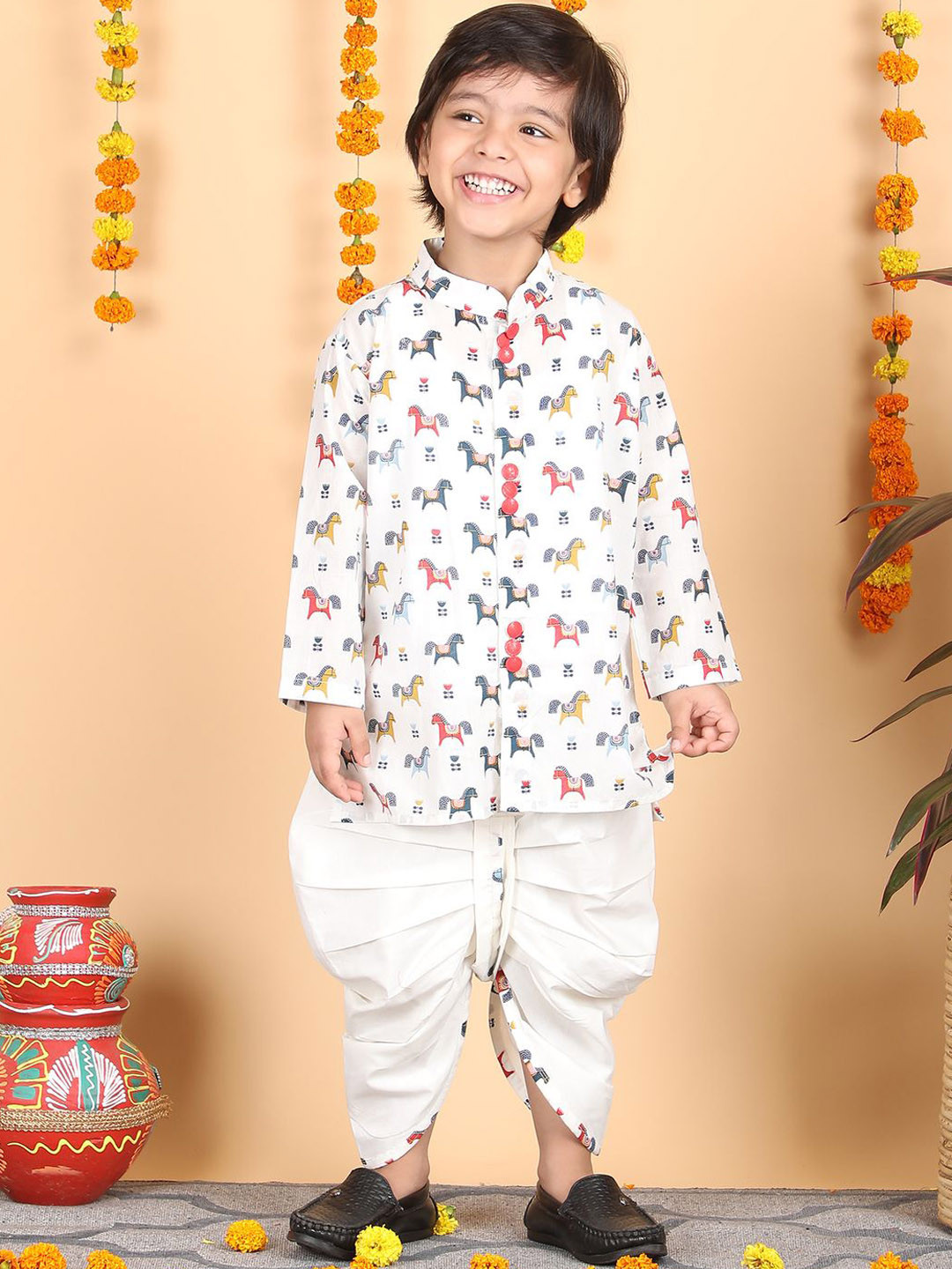 Polka Tots Boys Animal Printed Pure Cotton Straight Kurta with Dhoti Pants