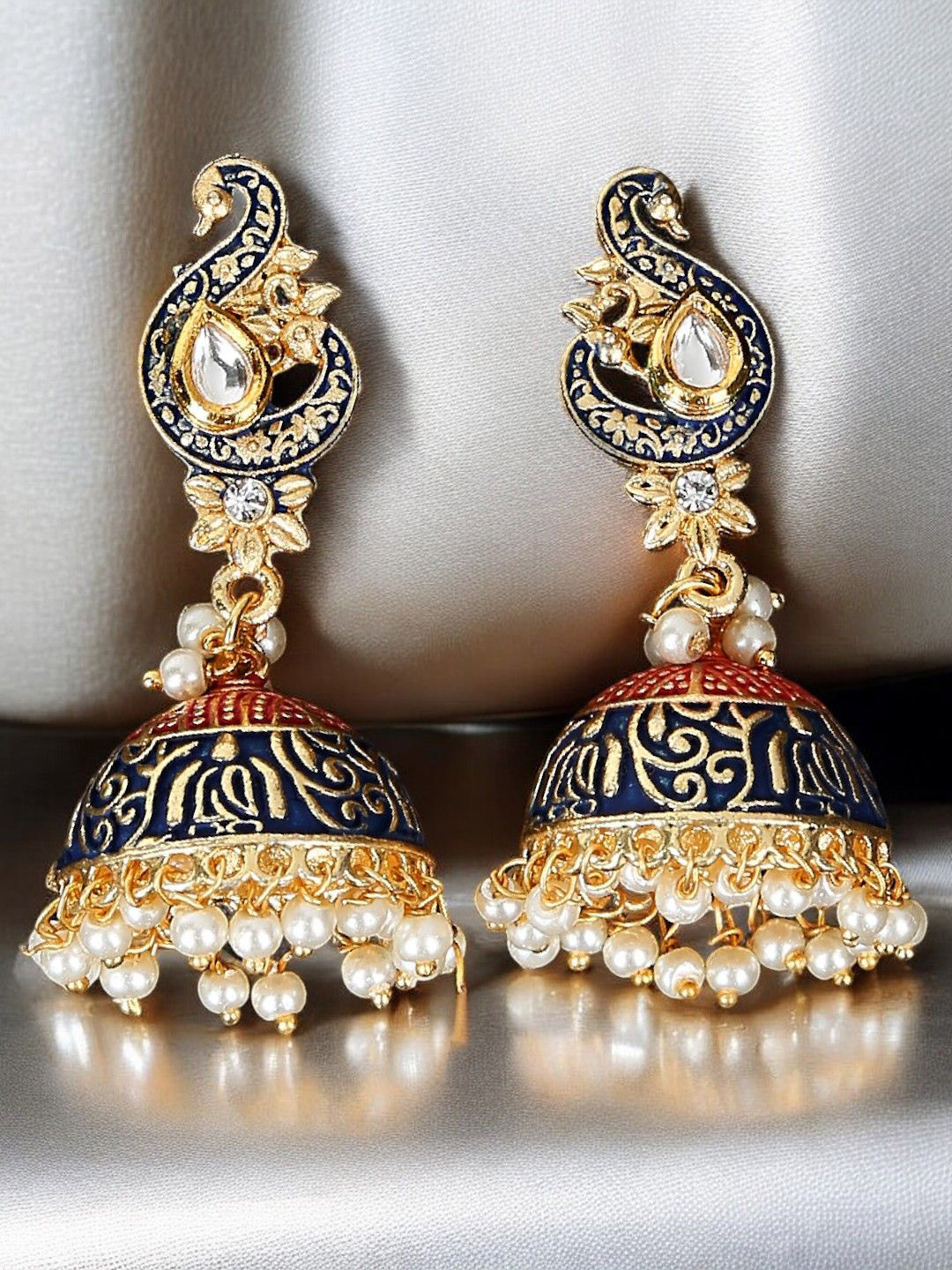 OOMPH Kundan & Pearl Peacock Shaped Meenakari Jhumkas
