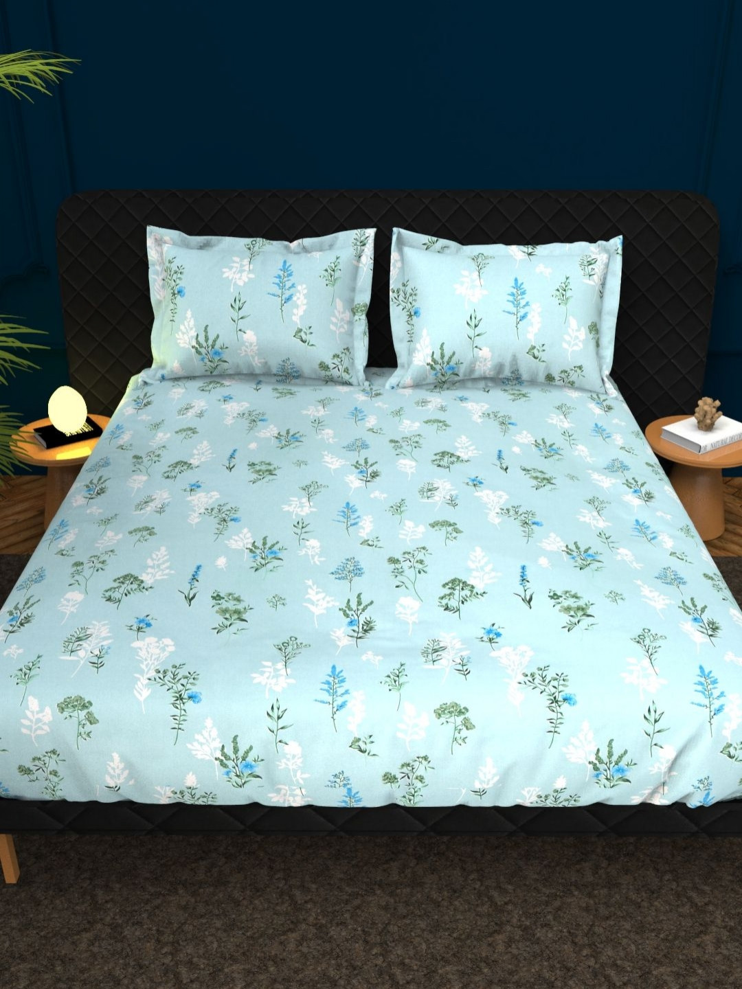 THE WHITE MOSS Blue & White Floral Cotton 210 TC King Bedsheet Set 2.75 m x 2.75 m